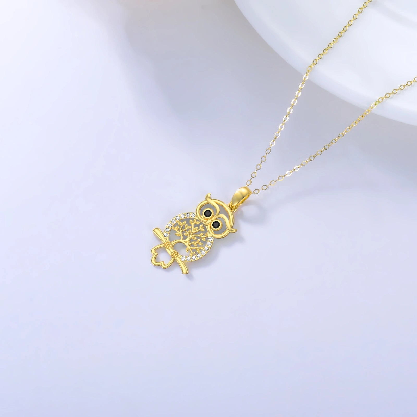 14K Gold Cubic Zirconia Owl on Tree Of Life Pendant Necklace