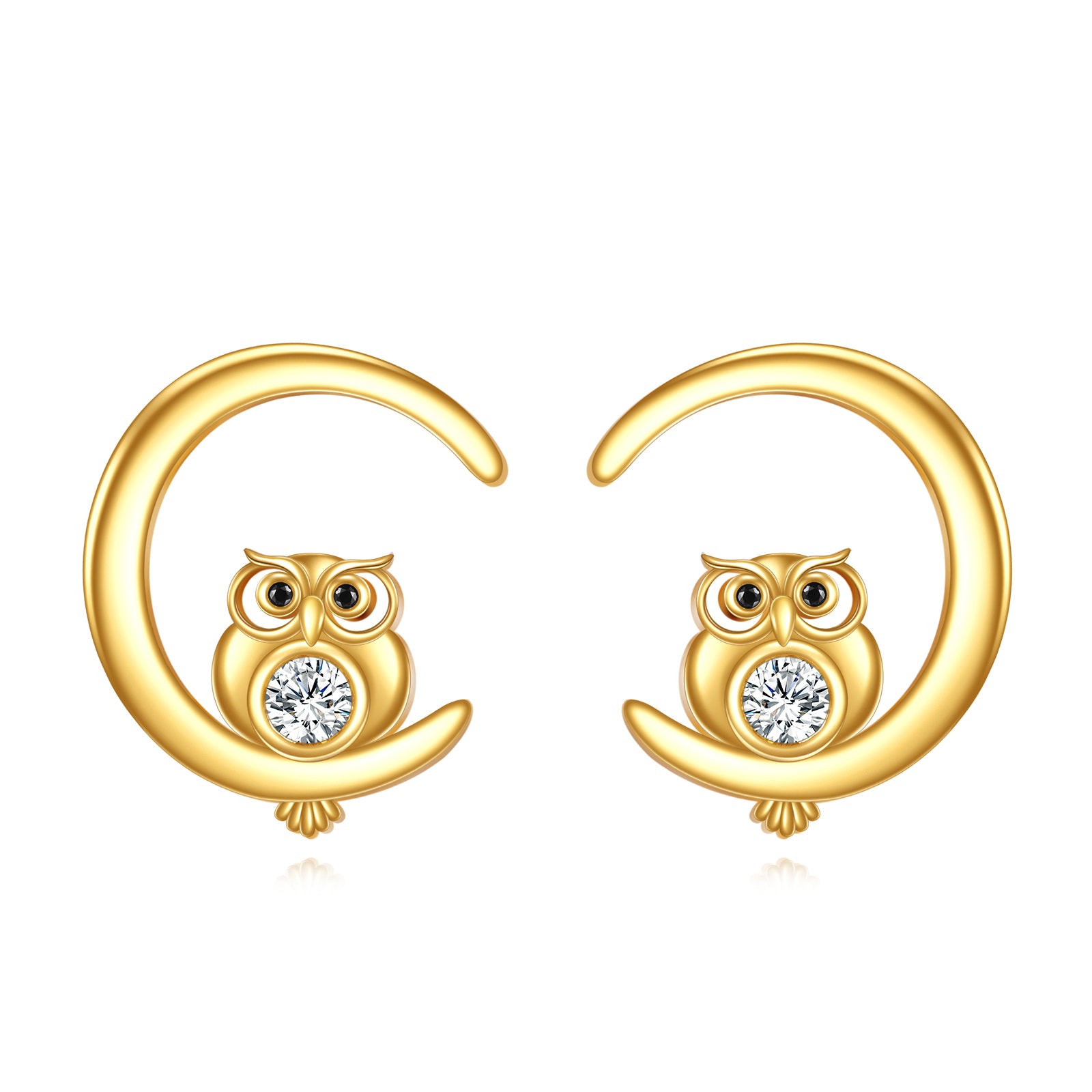 14K Gold Cubic Zirconia Owl Stud Earrings
