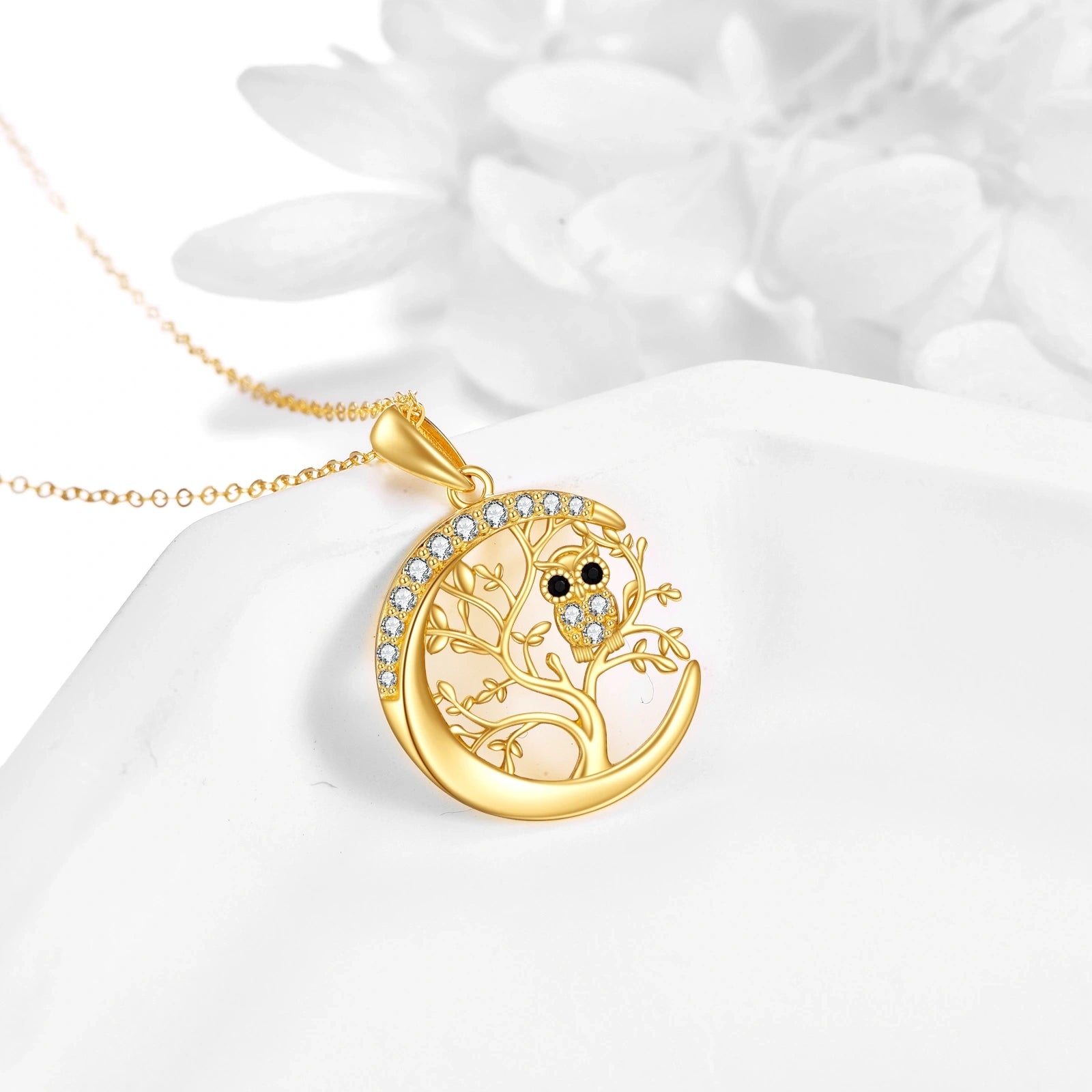 14K Gold Cubic Zirconia Owl & Tree Of Life With Moon Pendant Necklace For Women