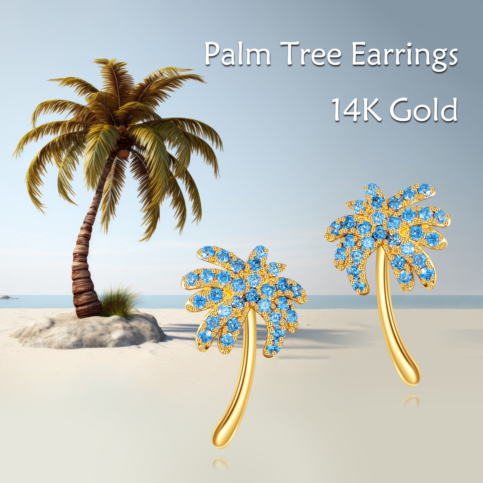 14K Gold Cubic Zirconia Palm Tree Stud Earrings