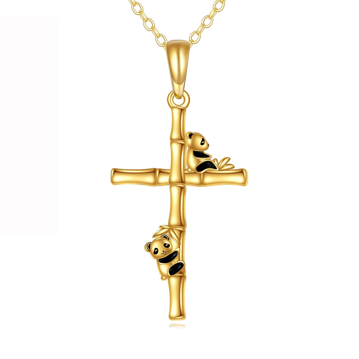 14K Gold Panda & Bamboo & Cross Pendant Necklace