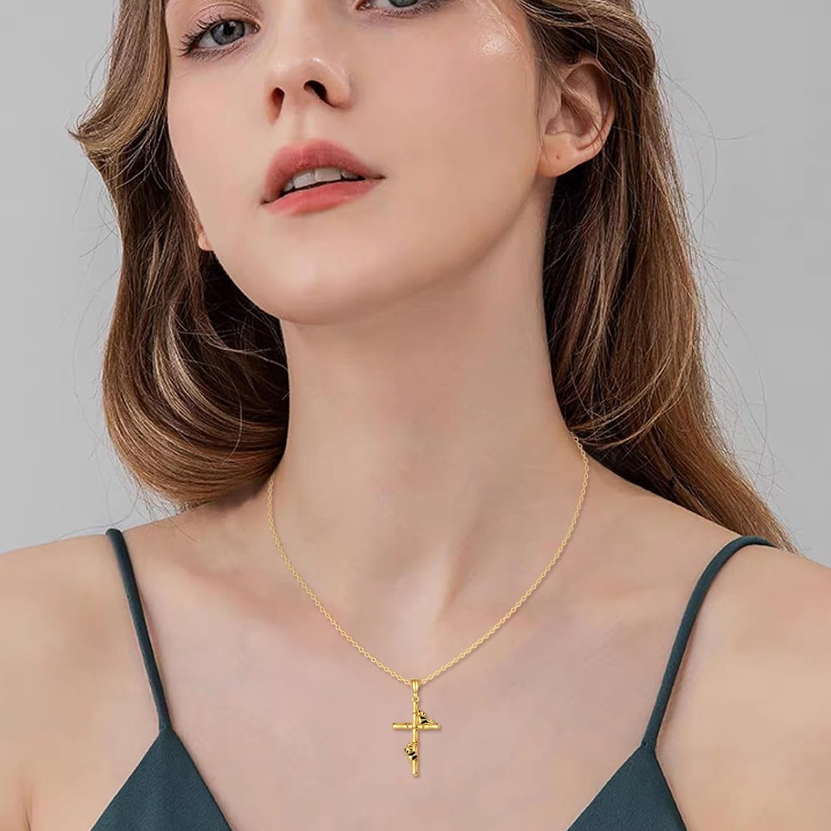 14K Gold Panda & Bamboo & Cross Pendant Necklace