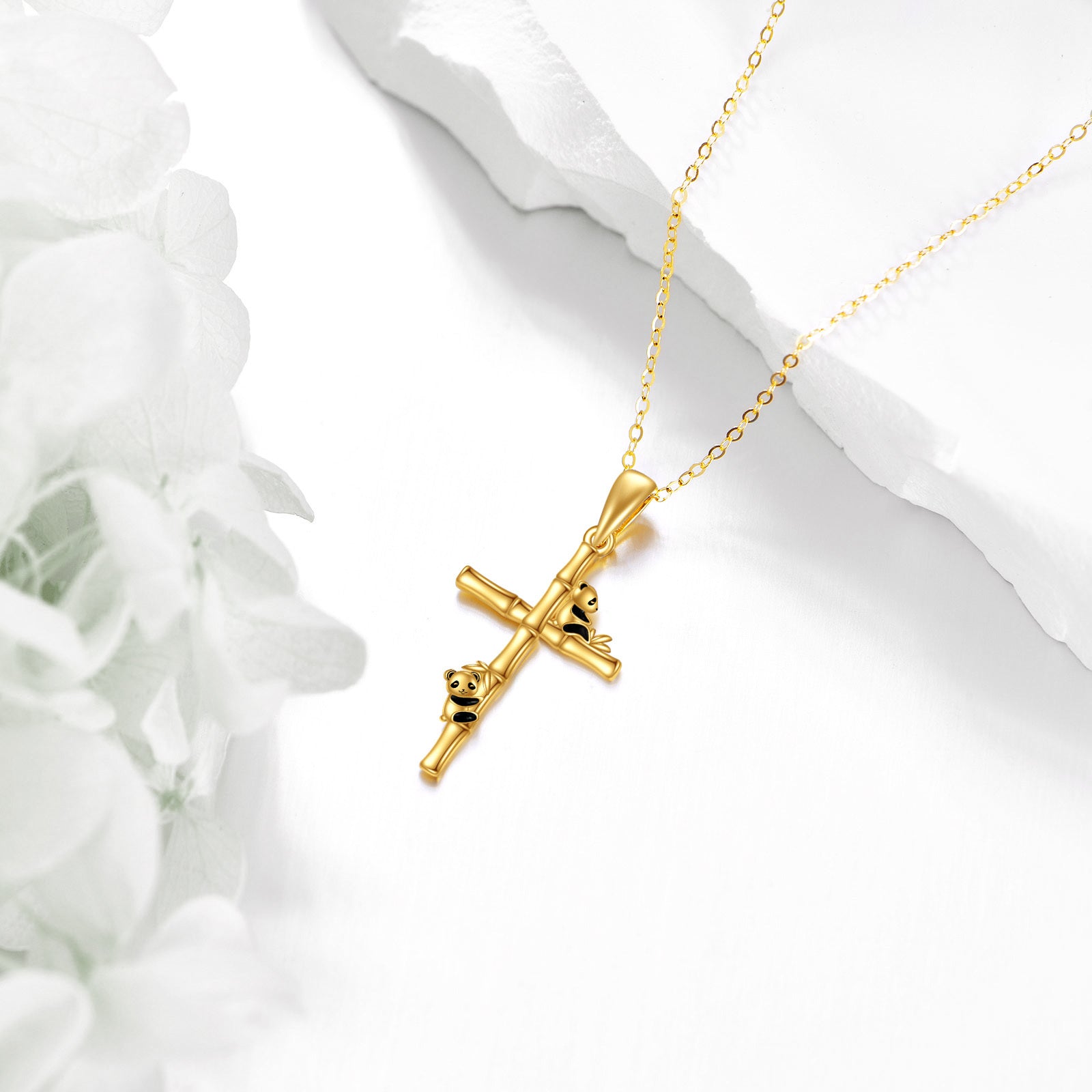 14K Gold Panda & Cross Pendant Necklace