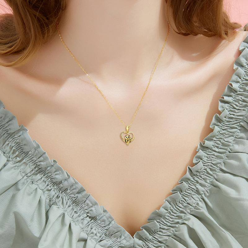 14K Gold Cubic Zirconia Panda & Heart Pendant Necklace with Engraved Word