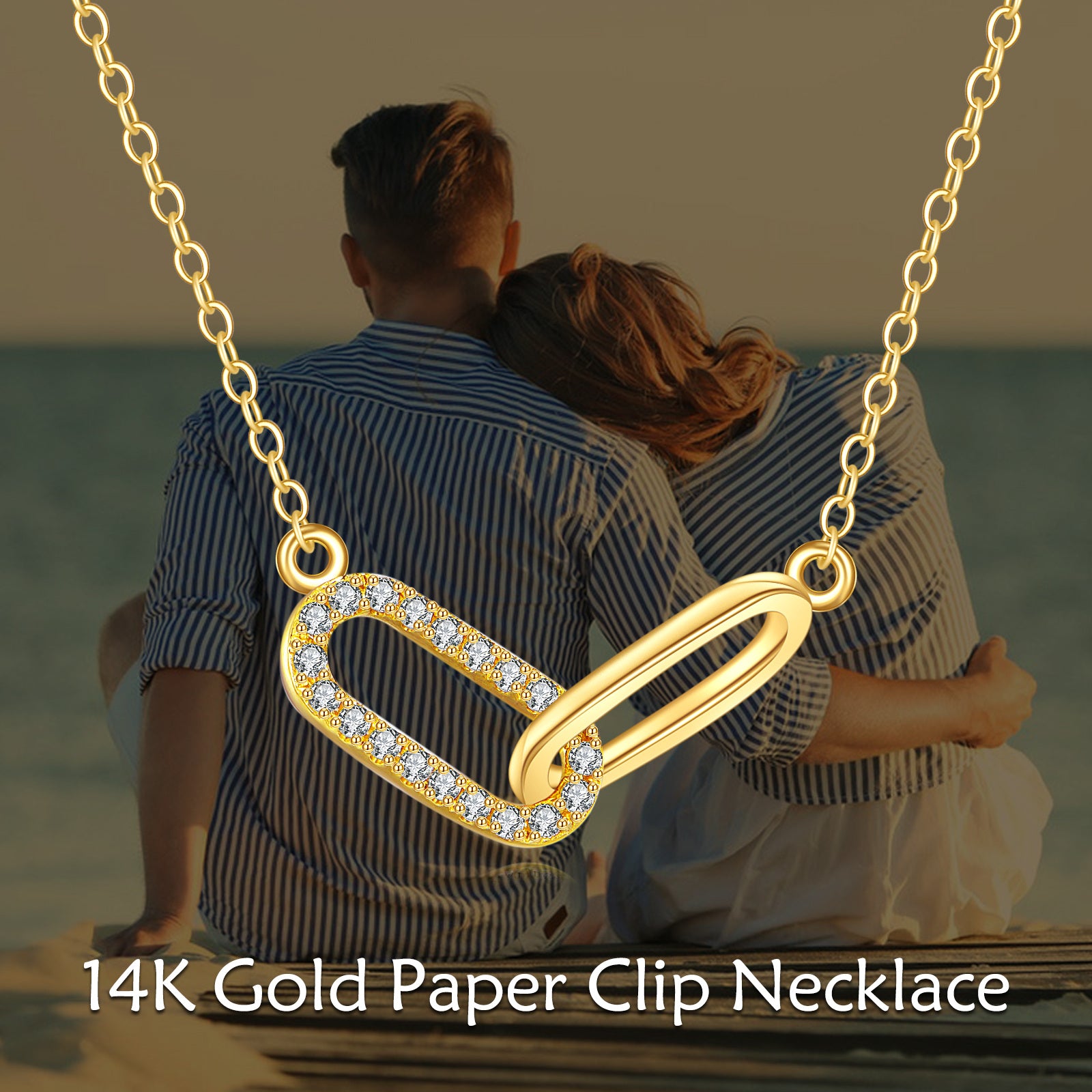14K Gold Cubic Zirconia Paper Clip Pendant Necklace