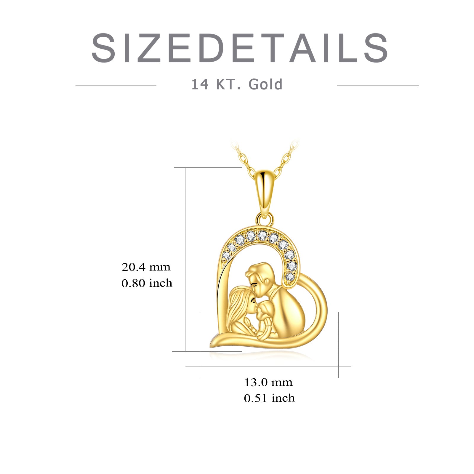 14K Yellow Gold Cubic Zirconia Parents With Children Heart Pendant Necklace For Women
