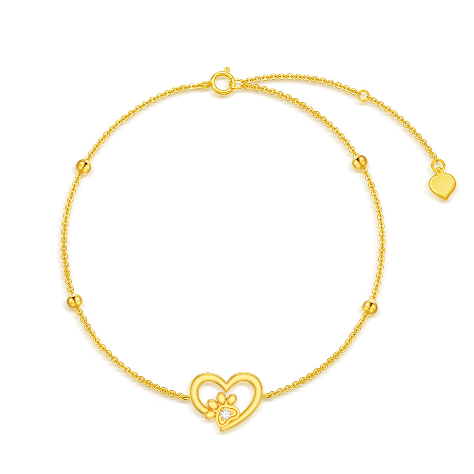 14K Gold Paw With Circular Cubic Zirconia Heart Charm Bracelet