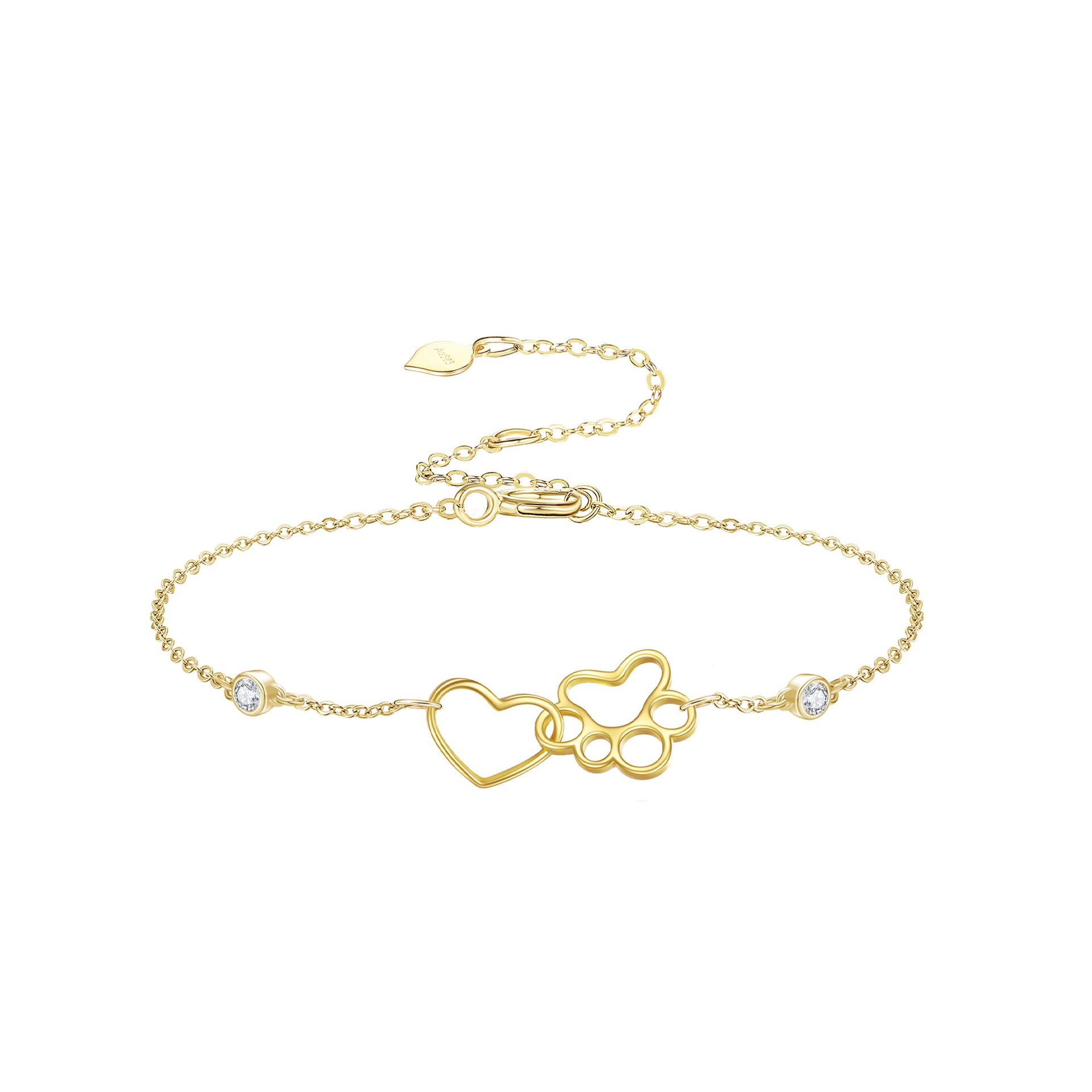 14K Gold Cubic Zirconia Paw & Heart Charm Bracelet