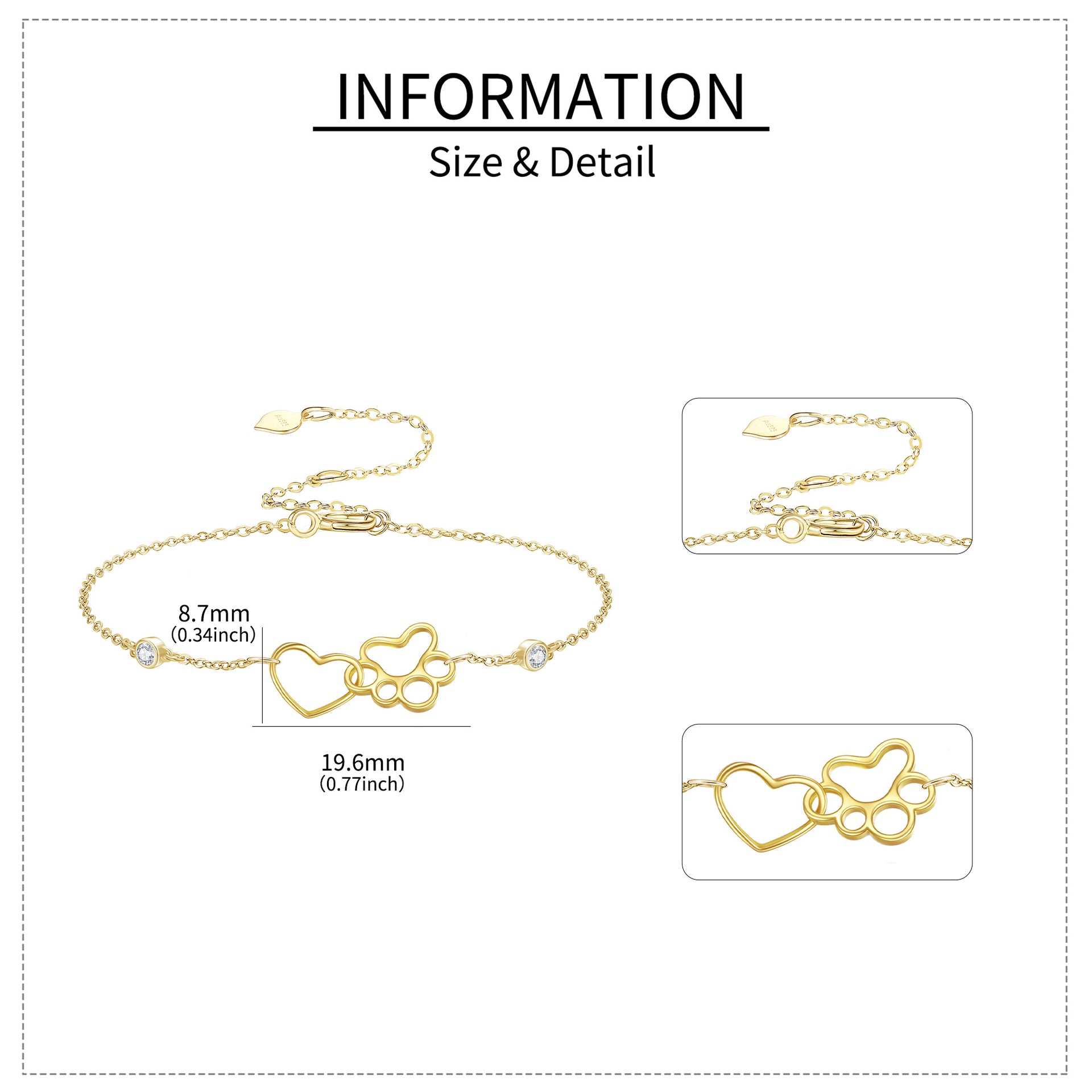 14K Gold Cubic Zirconia Paw & Heart Charm Bracelet