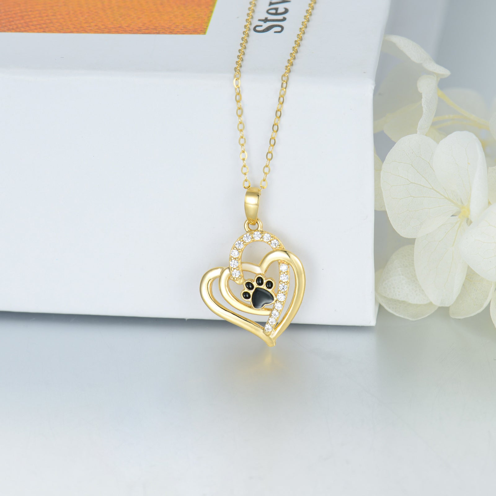 14K Gold Cubic Zirconia Paw & Heart With Heart Necklace for Women