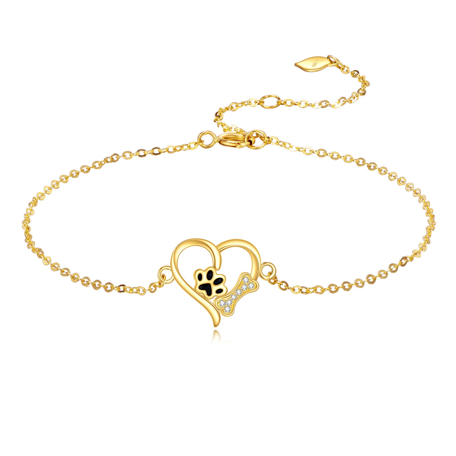 14K Gold Cubic Zirconia Paw & Heart Charm Bracelet