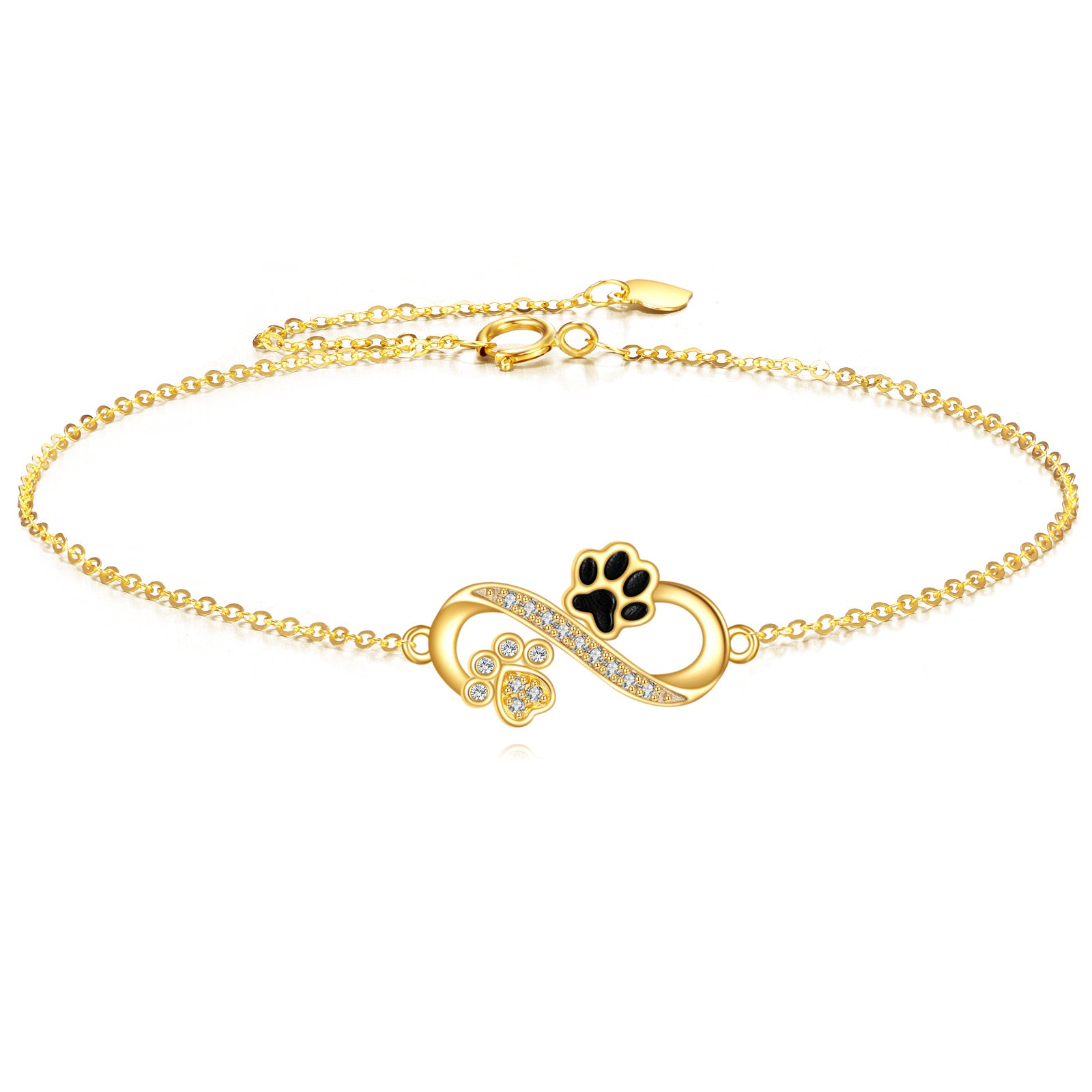 14K Gold Cubic Zirconia Paw & Infinity Symbol Charm Bracelet