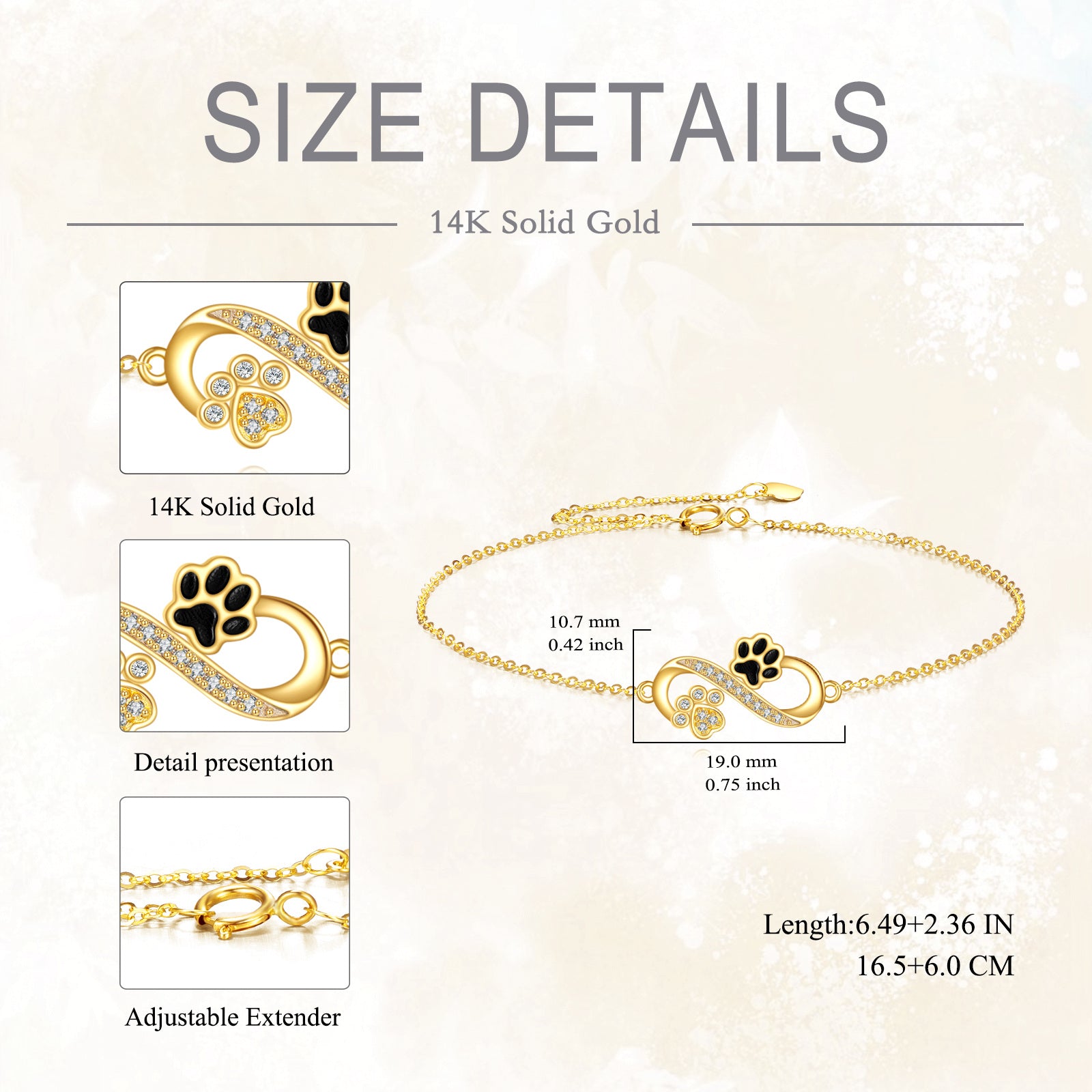14K Gold Cubic Zirconia Paw & Infinity Symbol Charm Bracelet