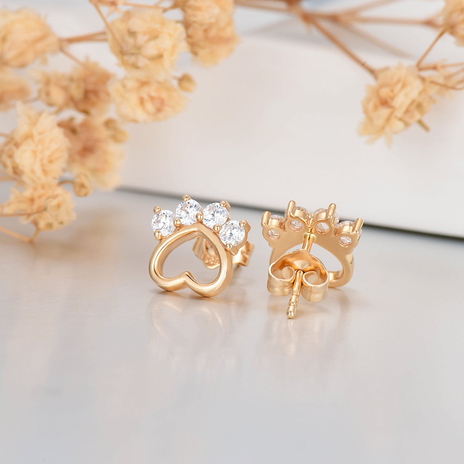 14K Gold Paw Print Earrings Studs for Women Girls Birthday Gift