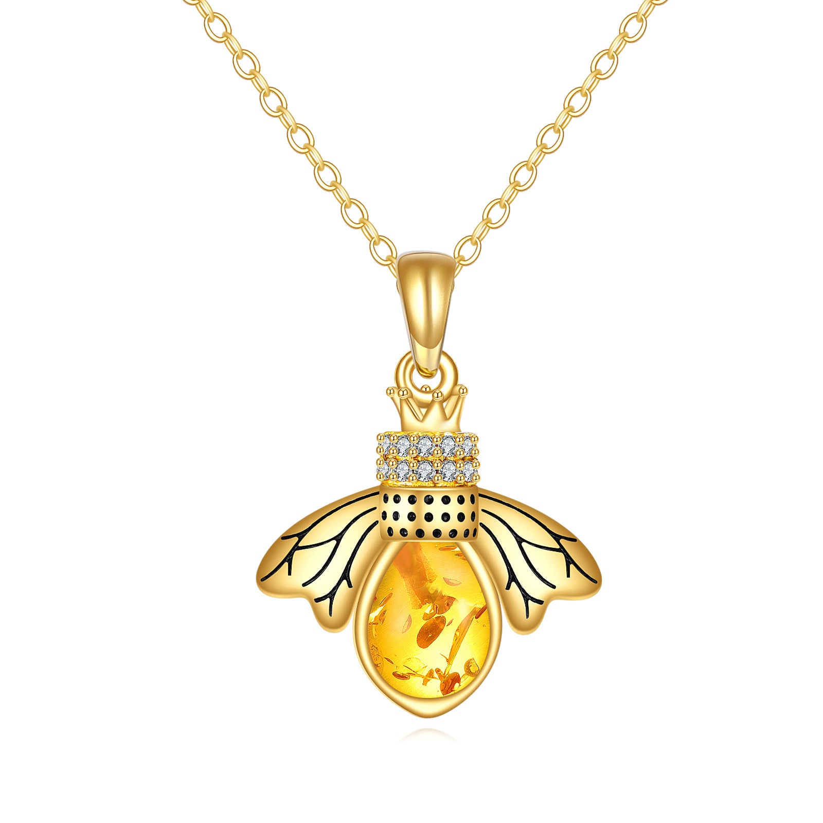 14K Gold Pear Amber Bee & Crown Pendant Necklace