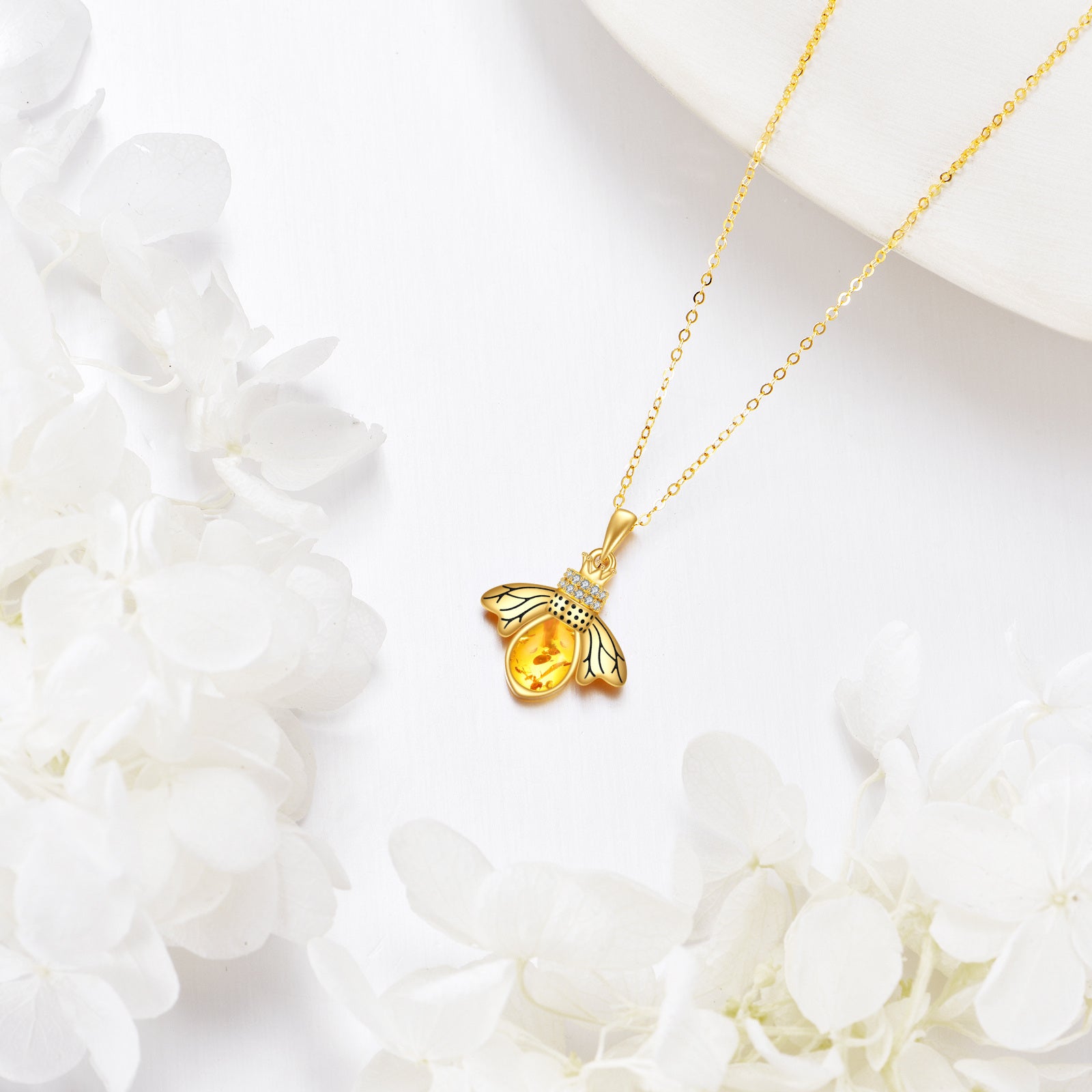 14K Gold Pear Amber Bee & Crown Pendant Necklace
