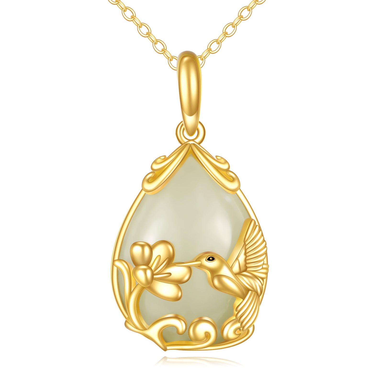 14K Gold Pear Chalcedony Hummingbird Drop Shape Pendant Necklace