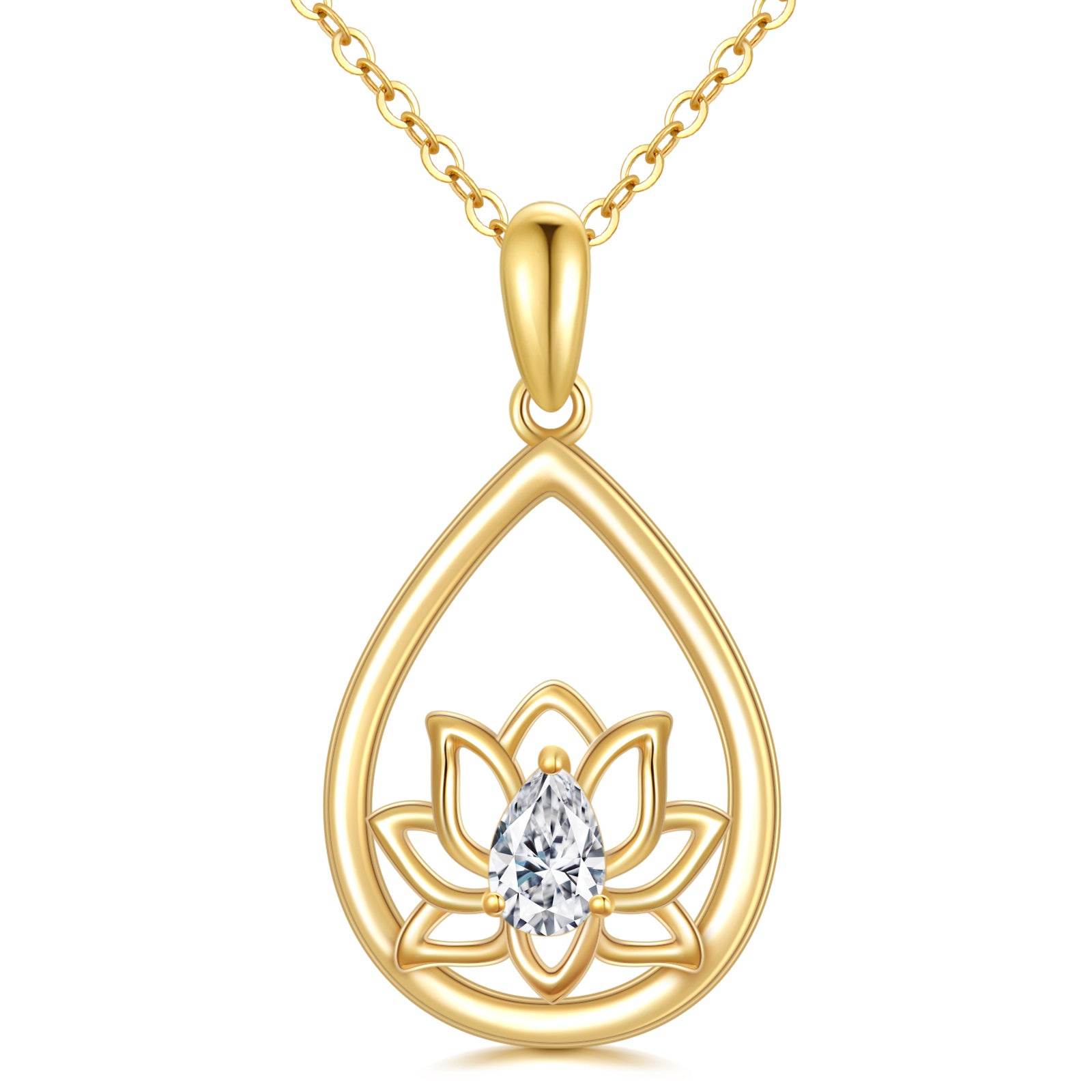14K Gold Pear Cut Cubic Zirconia Lotus & Grandmother & Mother & Sisters Pendant Necklace