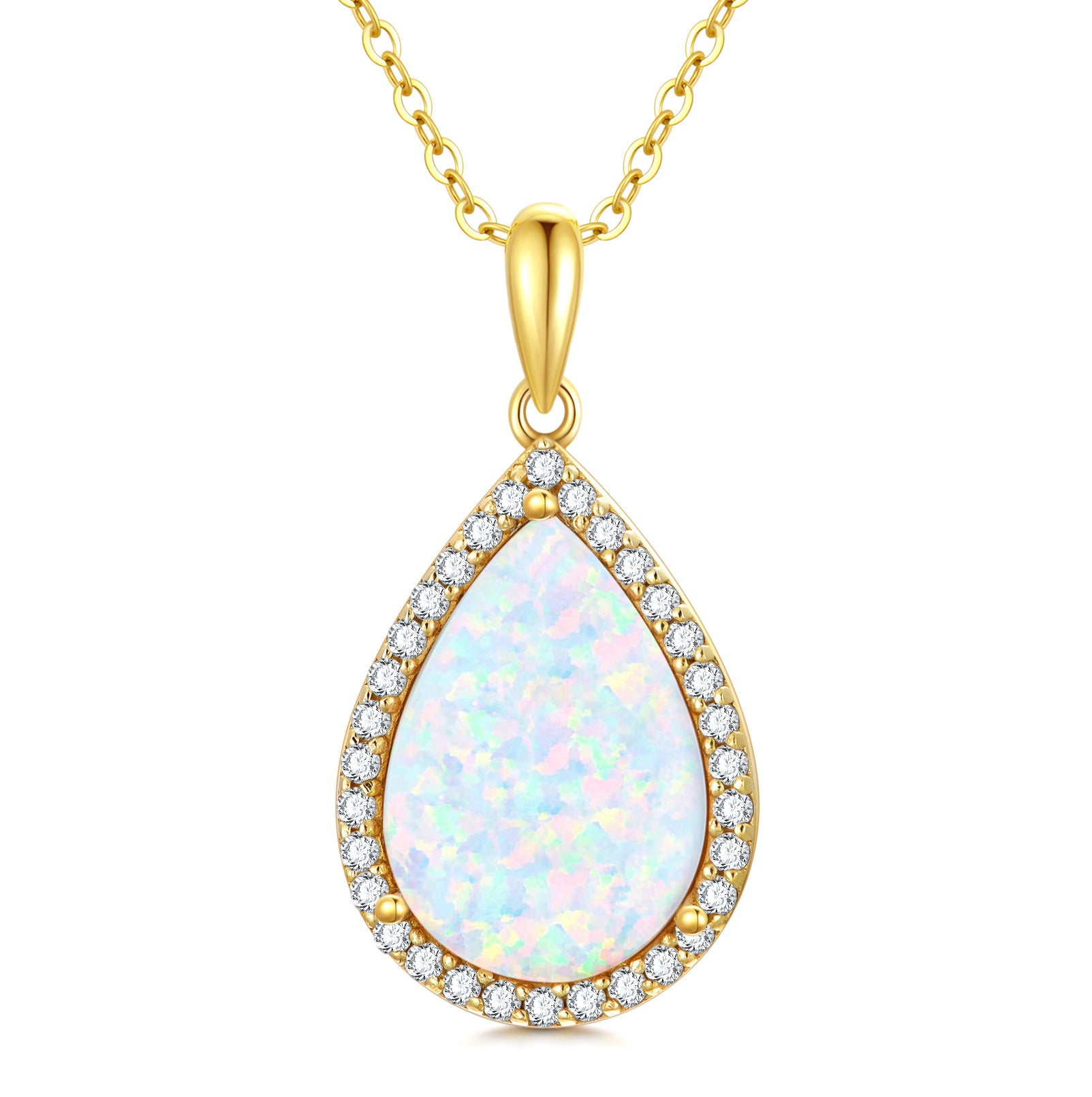 14K Gold Pear Cut Cubic Zirconia & Opal Drop Shape Pendant Necklace