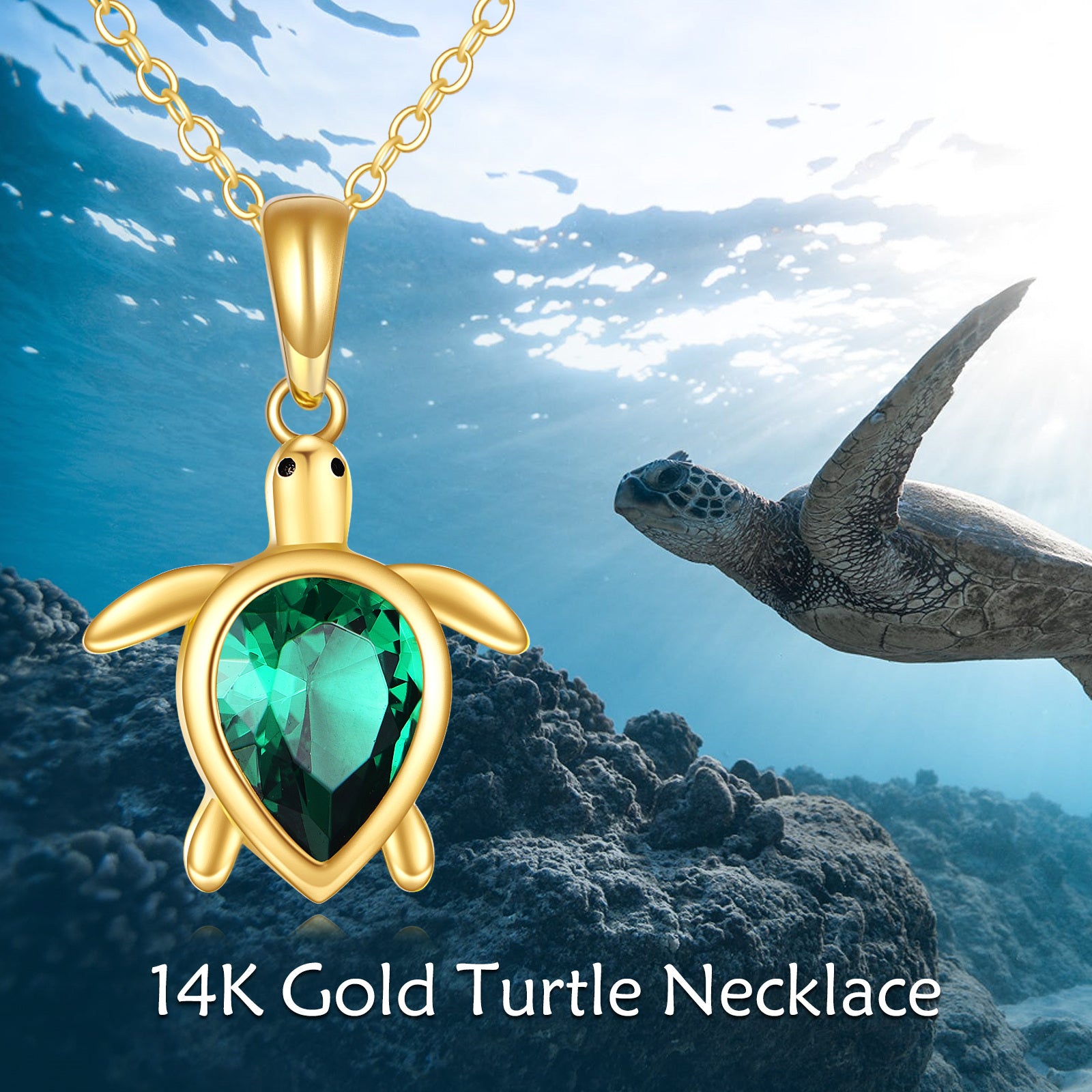 14K Gold Pear Cubic Zirconia Sea Turtle Pendant Necklace