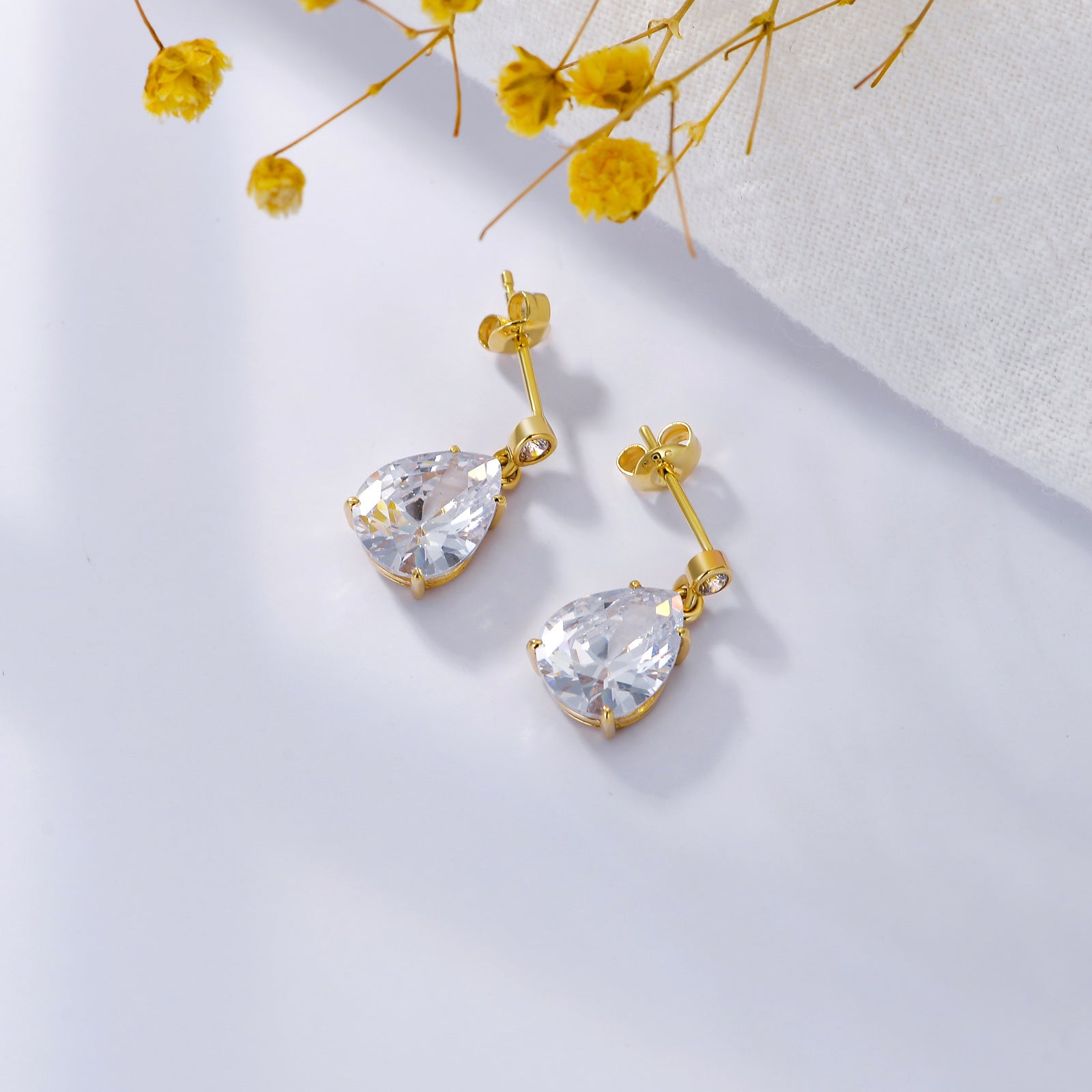 14K Gold Pear Cubic Zirconia Drop Earrings For Women