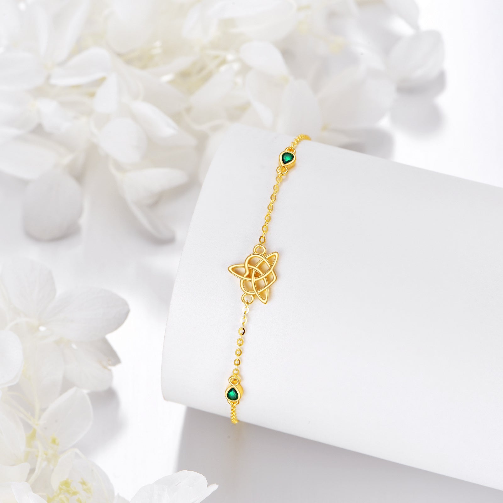 14K Gold Pear Shaped Emerald Celtic Knot Charm Bracelet