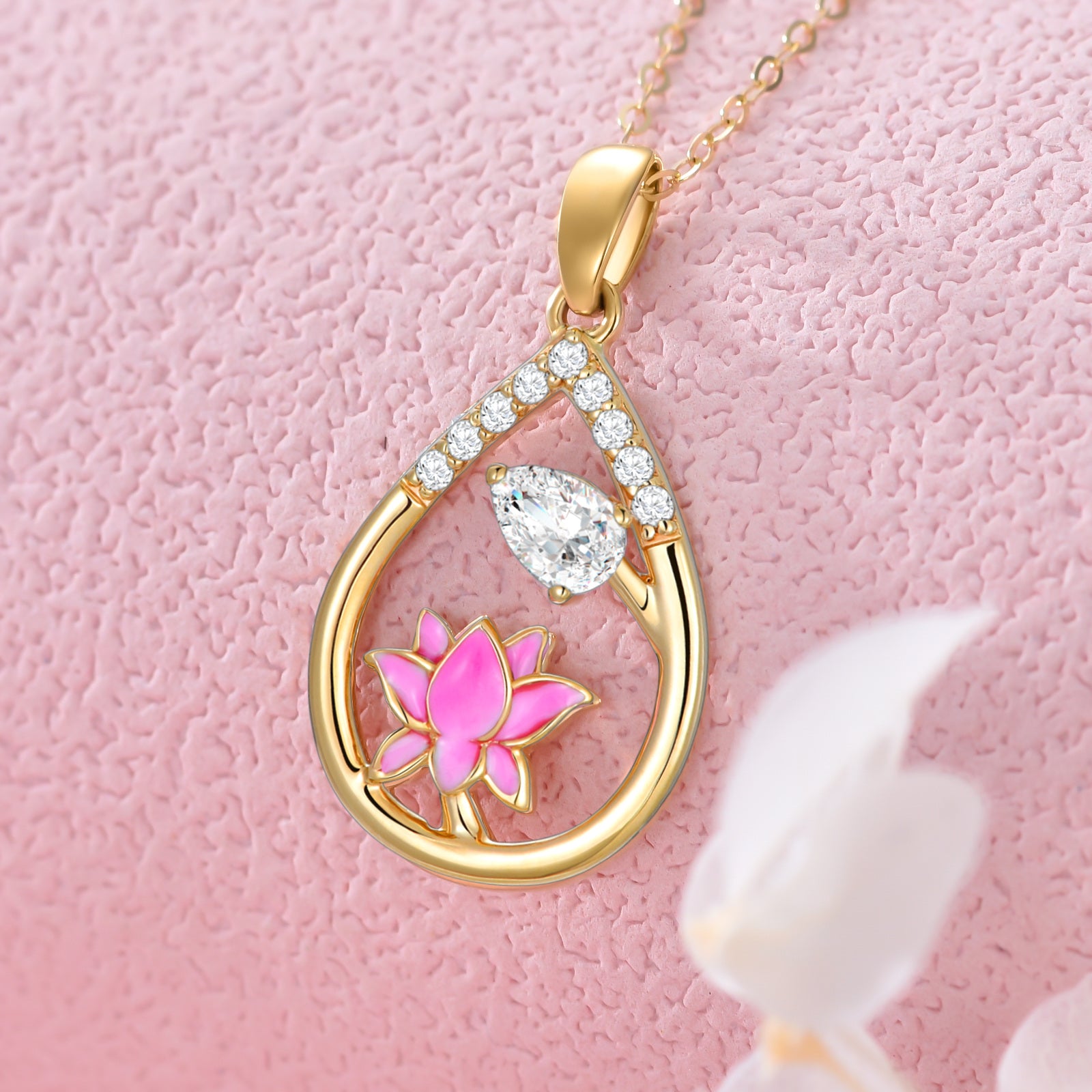 14K Gold Pear Shaped Cubic Zirconia Lotus Pendant Necklace