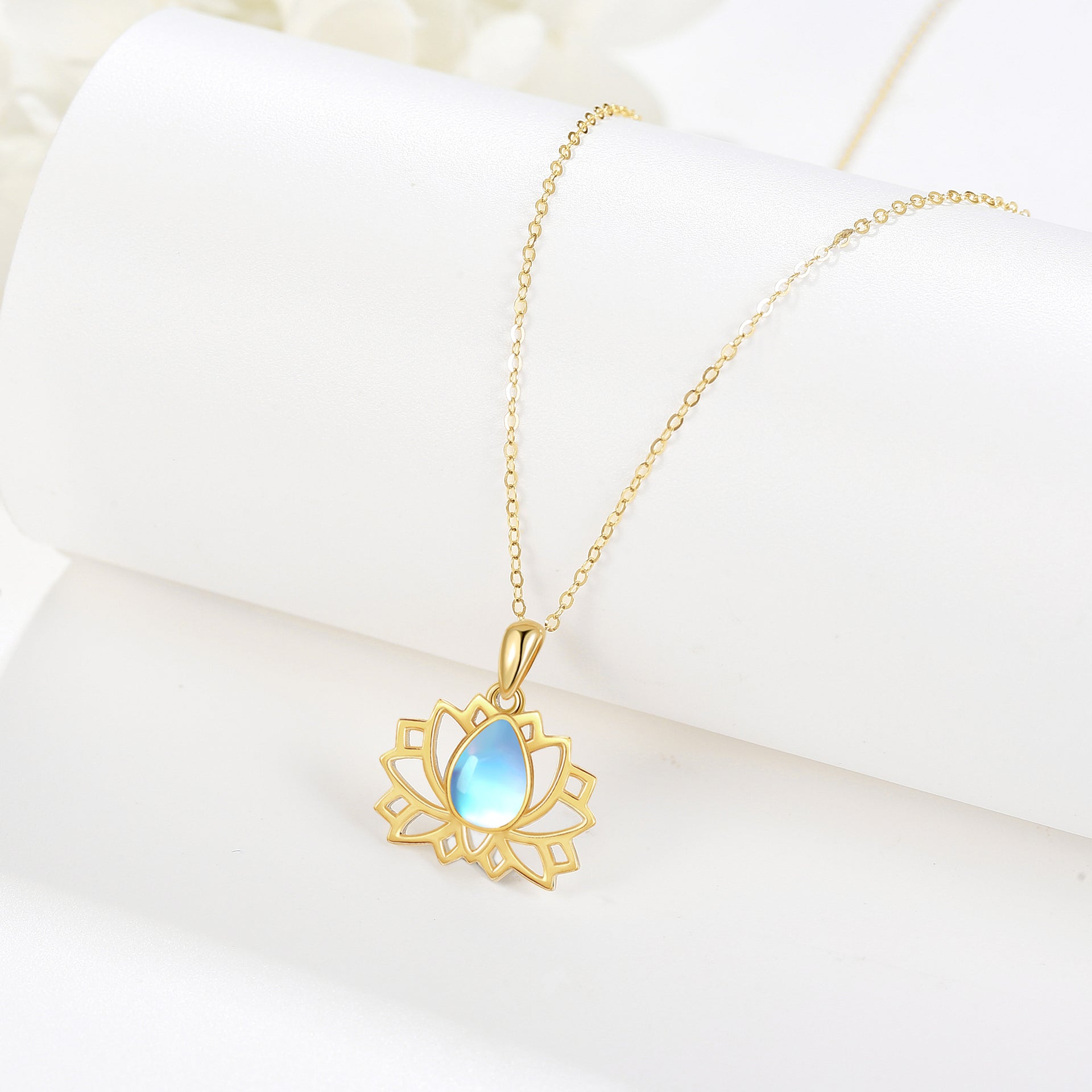 14K Gold Pear Shaped Moonstone Lotus Pendant Necklace