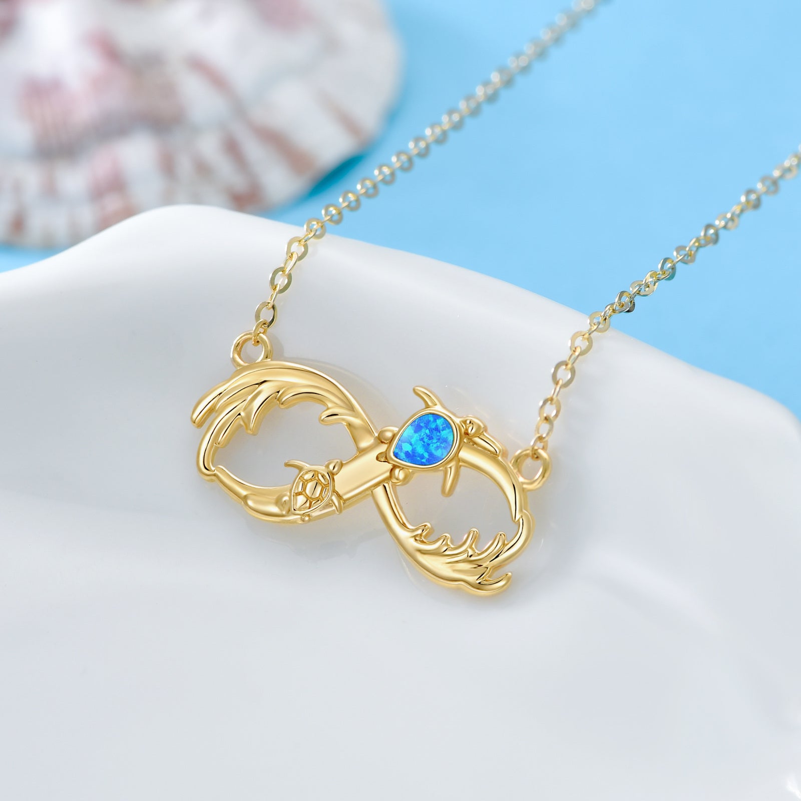 14K Gold Pear Shaped Opal Tortoise & Spray Pendant Necklace