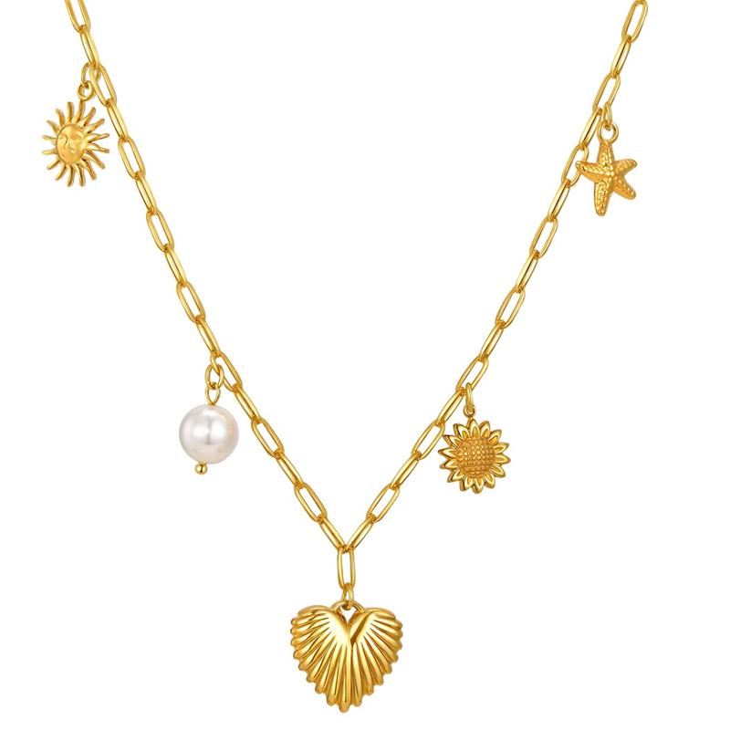 Sterling Silver with Yellow Gold Plated Pearl Angel Wing Heart Star & Sun Pendant Necklace