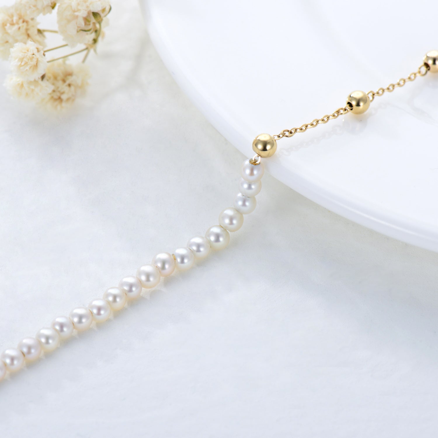 14K Gold Pearl Bead Bead Station Chain Bracelet For Women