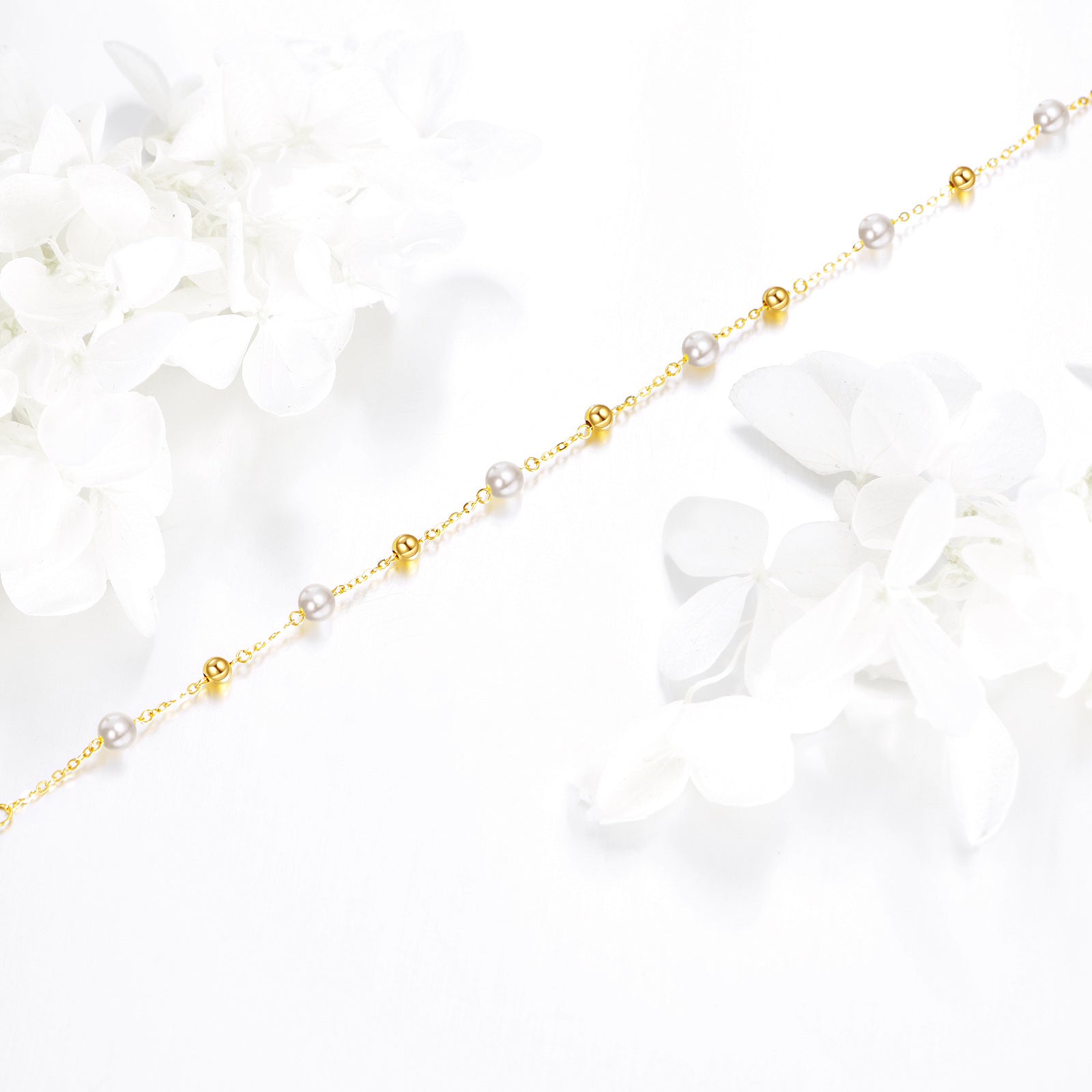 14K Gold Pearl Bead Bead Station Chain Bracelet For Women