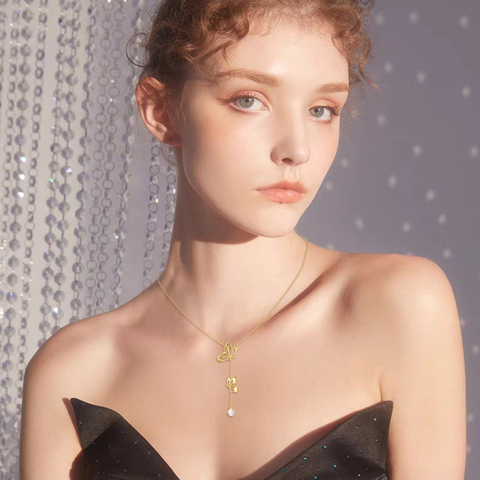 14K Gold Pearl Butterfly Non-adjustable Y-Necklace