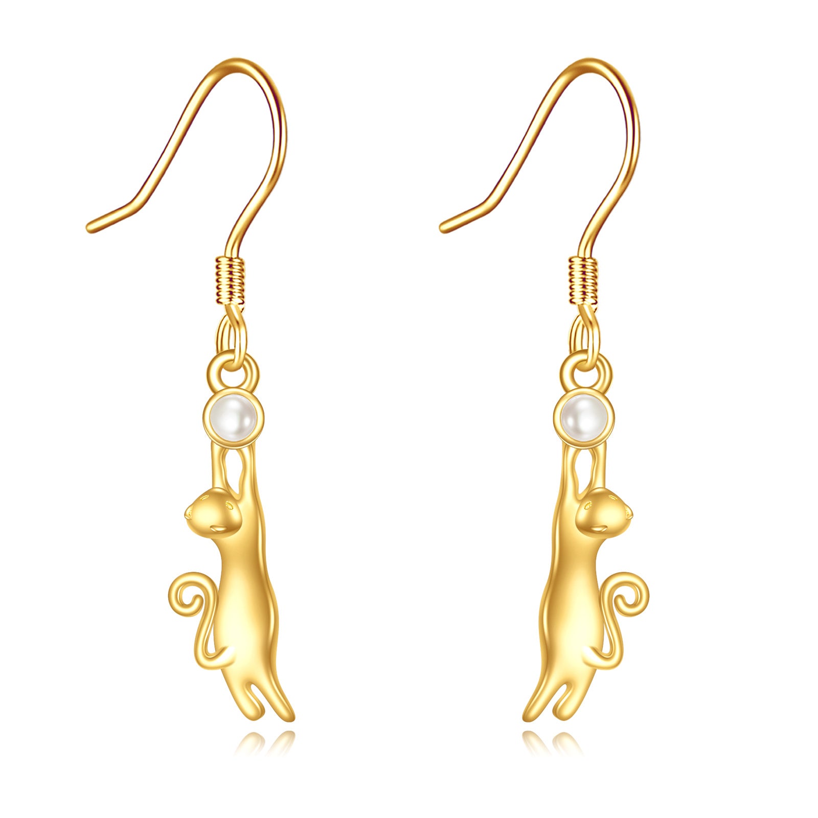14K Gold Pearl Cat Drop Earrings