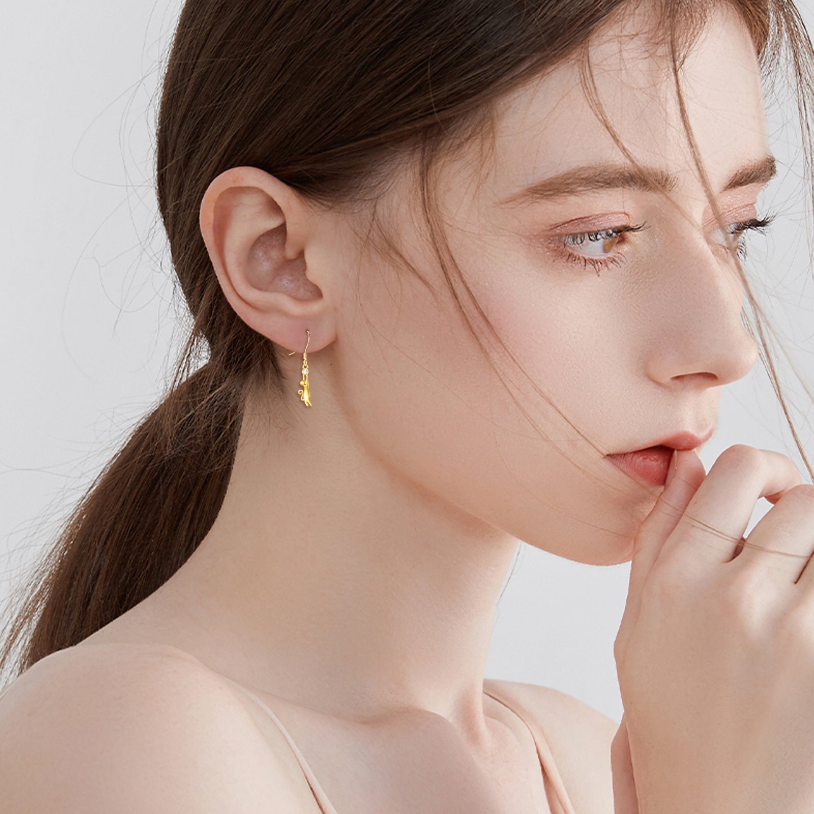 14K Gold Pearl Cat Drop Earrings