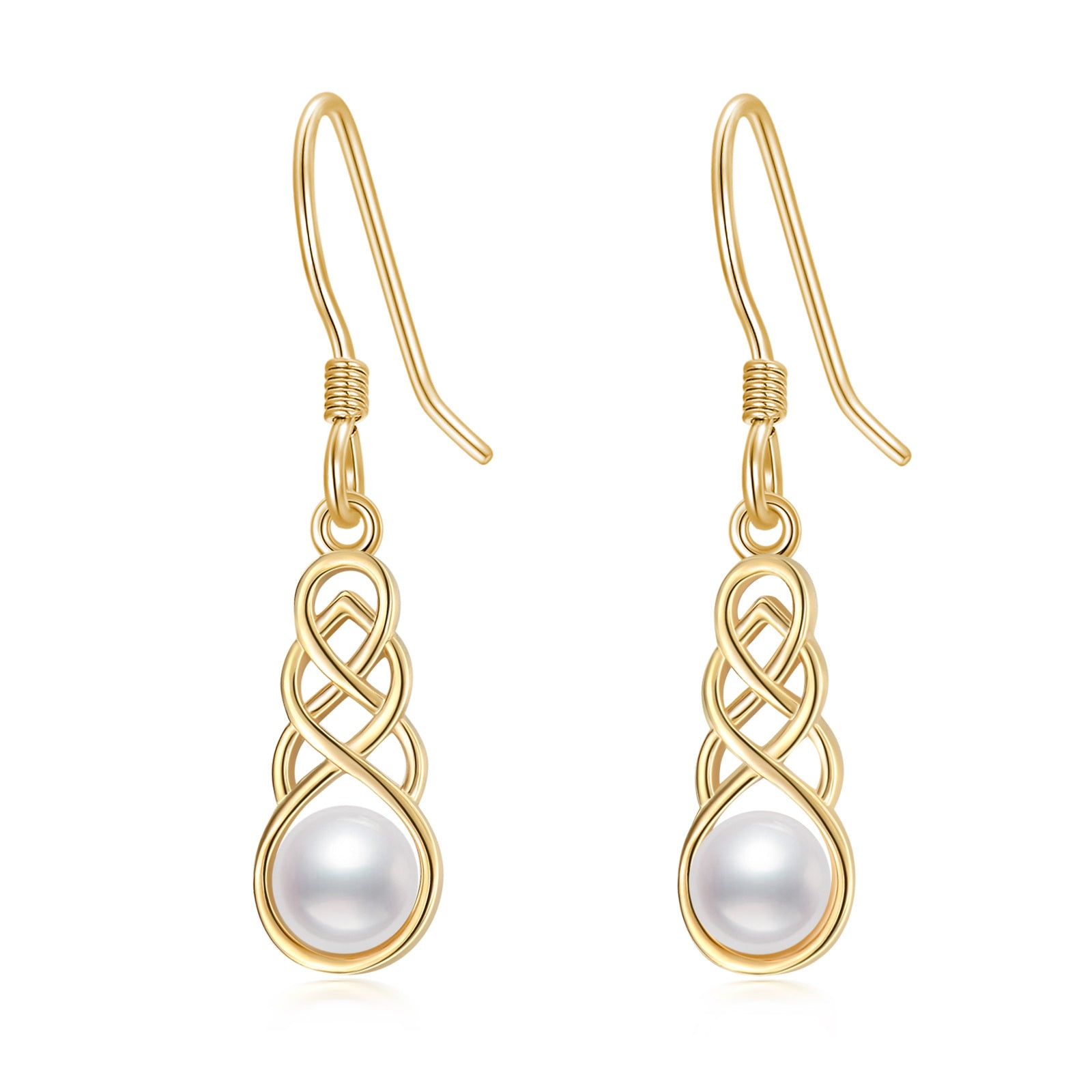 14K Gold Pearl Celtic Dangle Drop Earrings Jewelry Gifts for Women