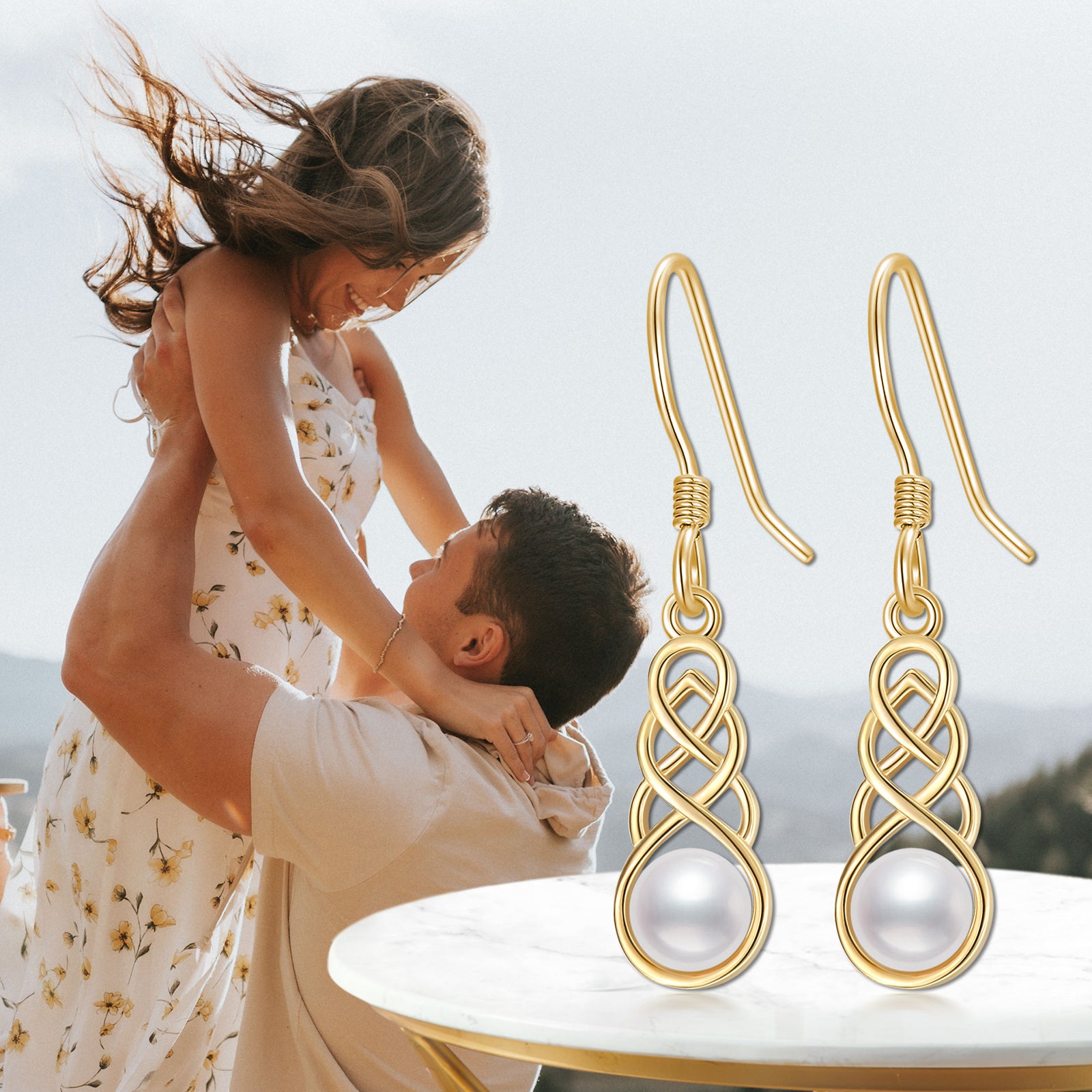 14K Gold Pearl Celtic Dangle Drop Earrings Jewelry Gifts for Women
