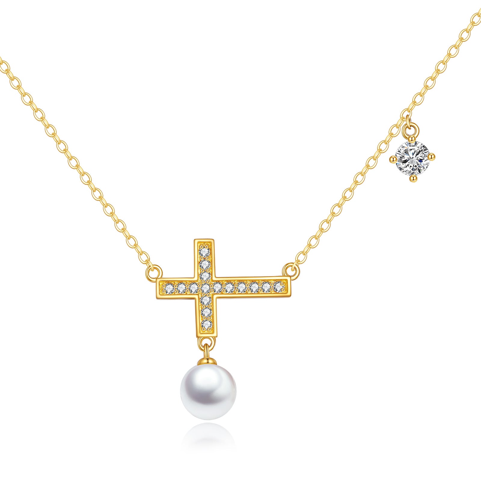 14K Gold Cubic Zirconia & Pearl Cross Pendant Necklace