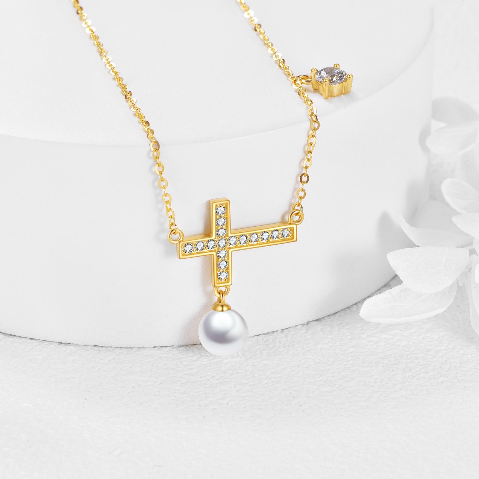 14K Gold Cubic Zirconia & Pearl Cross Pendant Necklace