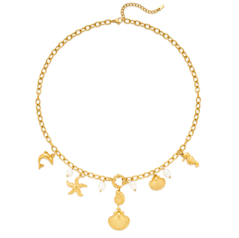 Sterling Silver with Yellow Gold Plated Pearl Dolphin Seahorse Starfish Shell Pendant Necklace