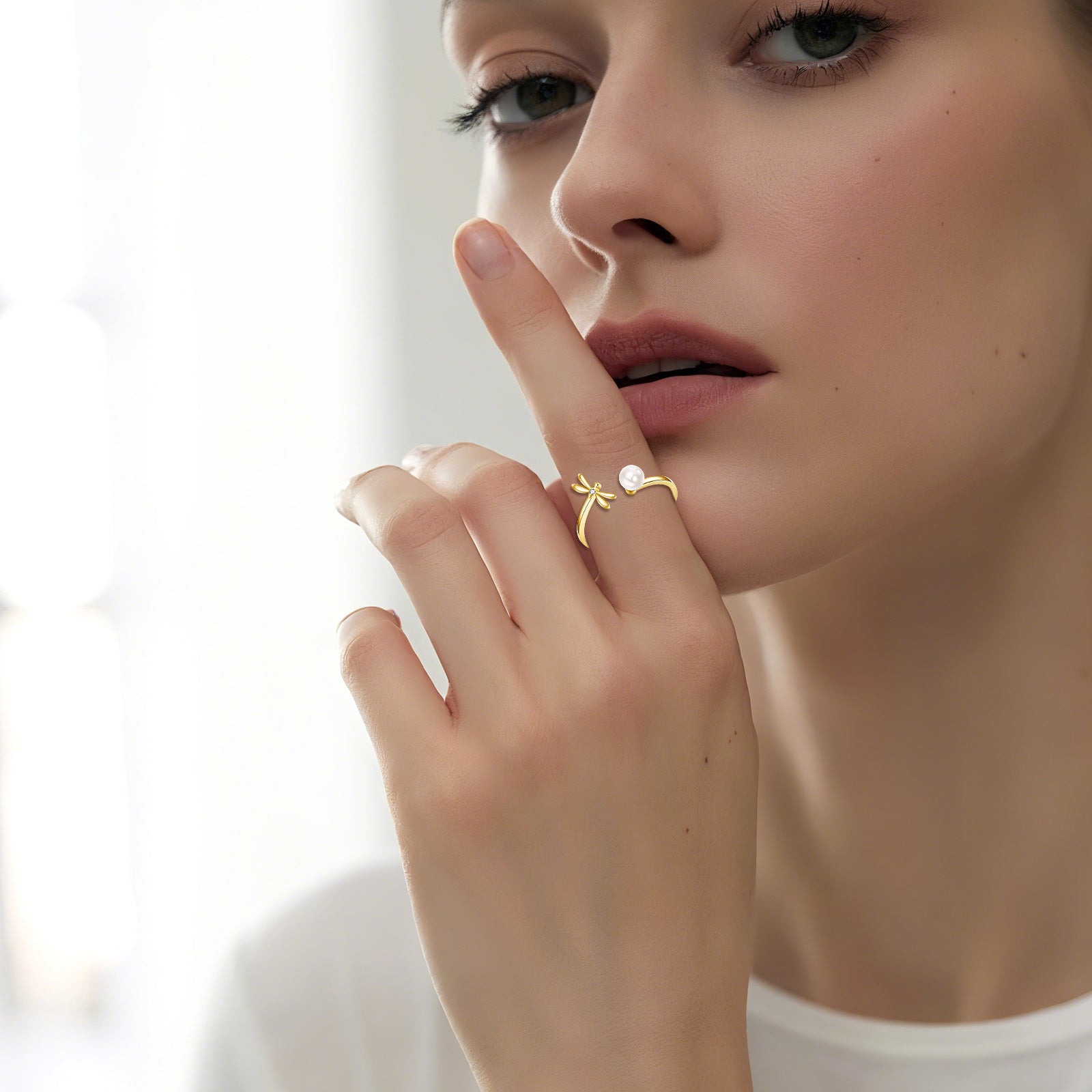 14K Gold Cubic Zirconia & Pearl Dragonfly Open Ring