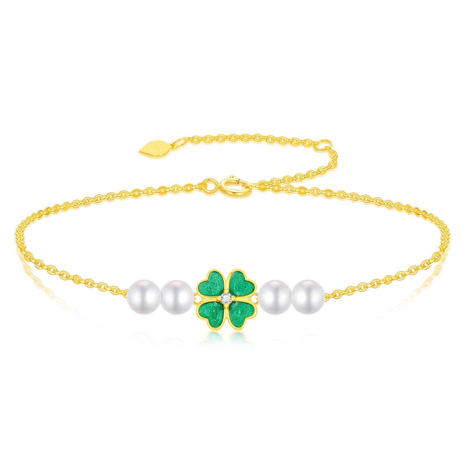 14K Gold Pearl Four Leaf Clover Charm Bracelet