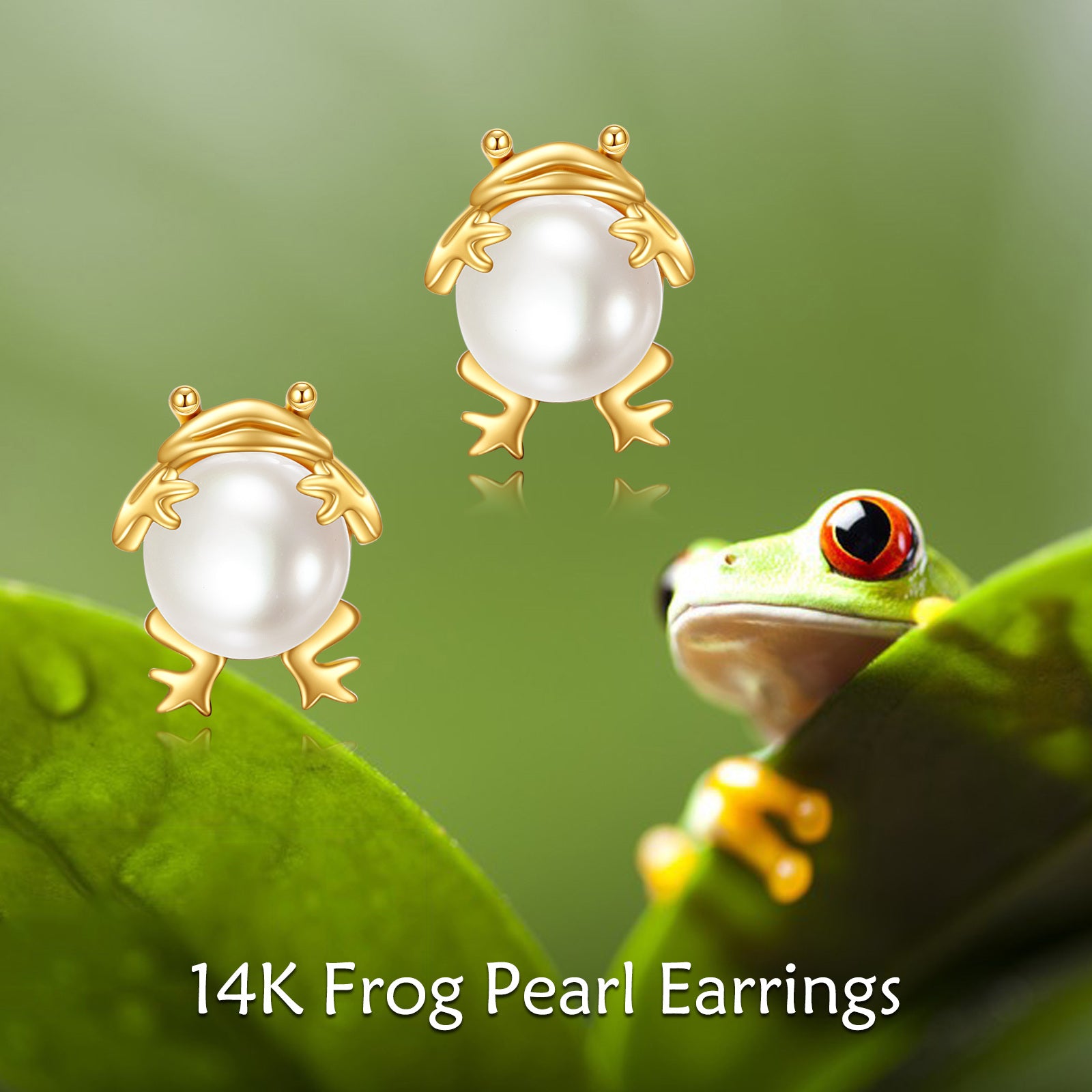 14K Gold Pearl Frog Stud Earrings