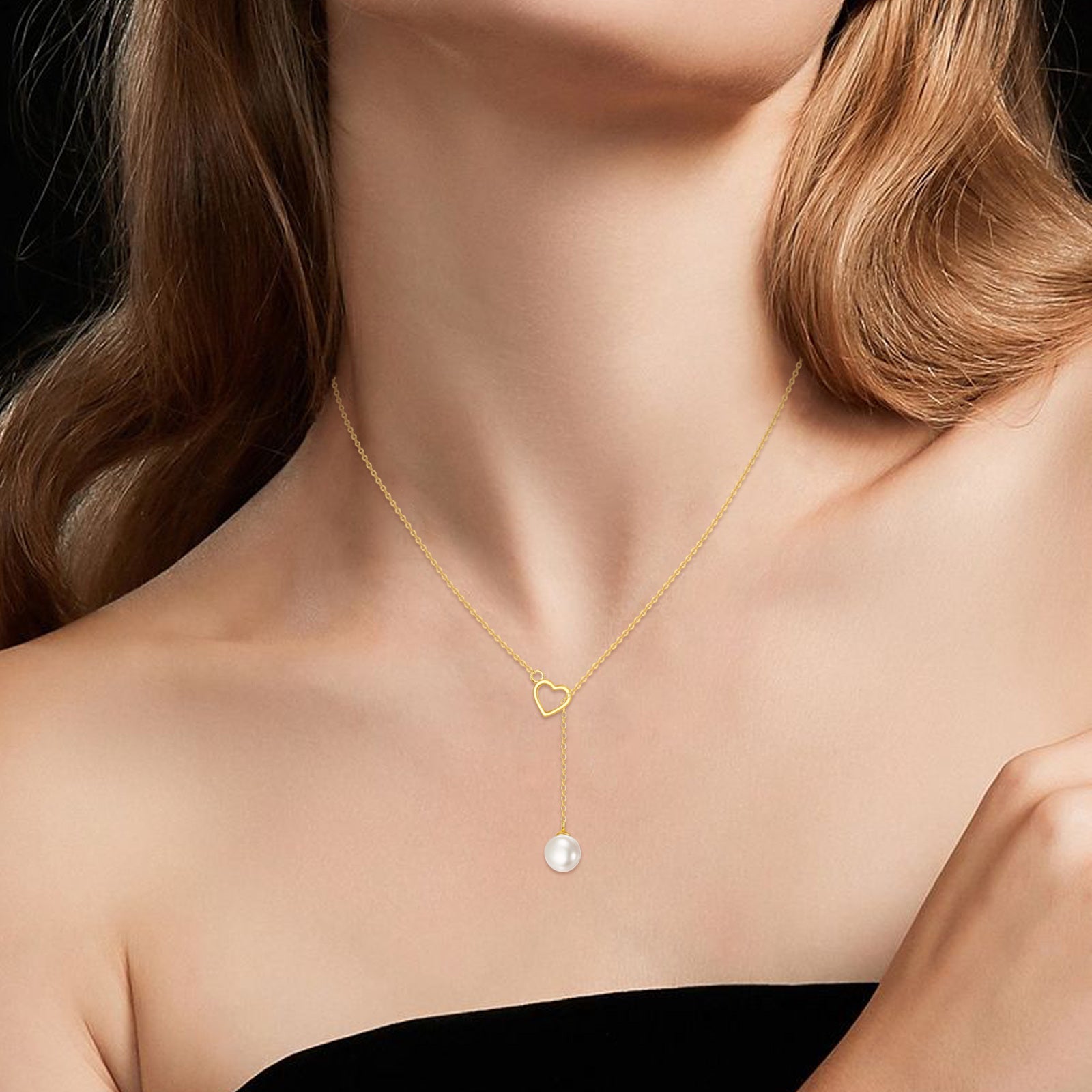 14K Gold Pearl Heart Adjustable Y Necklace