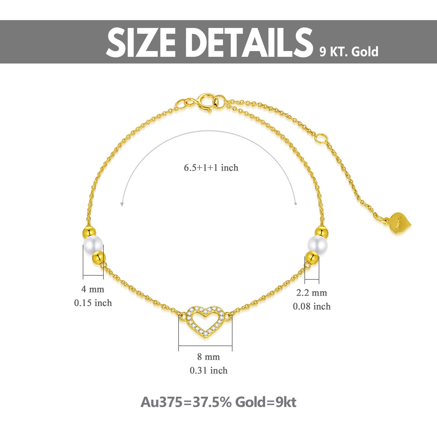 14K Gold Cubic Zirconia & Pearl Heart Charm Bracelet