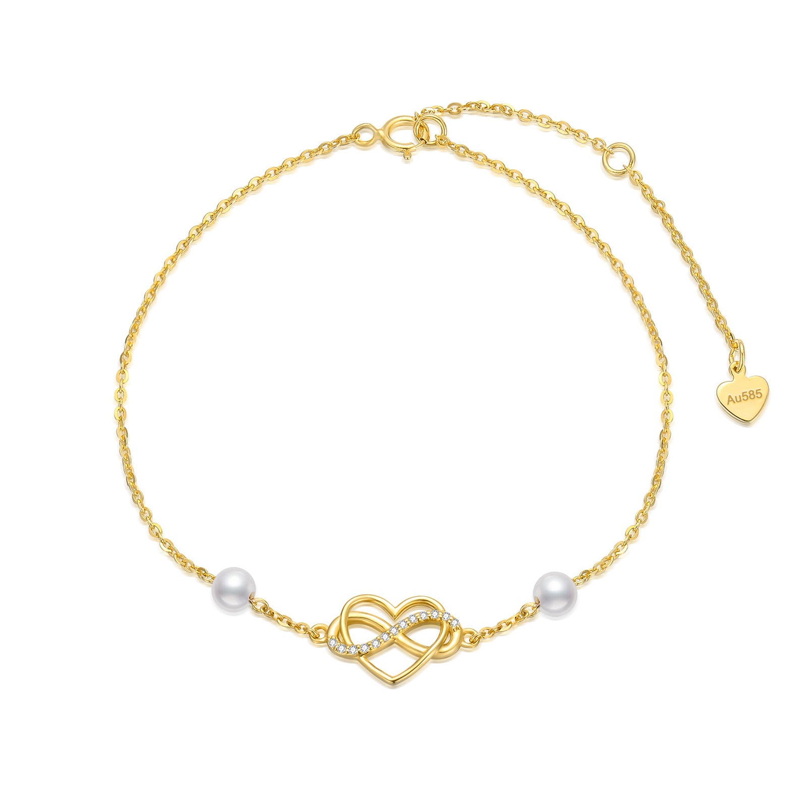14K Gold Pearl With Cubic Zirconia Heart Infinity Symbol Charm Bracelet For Women