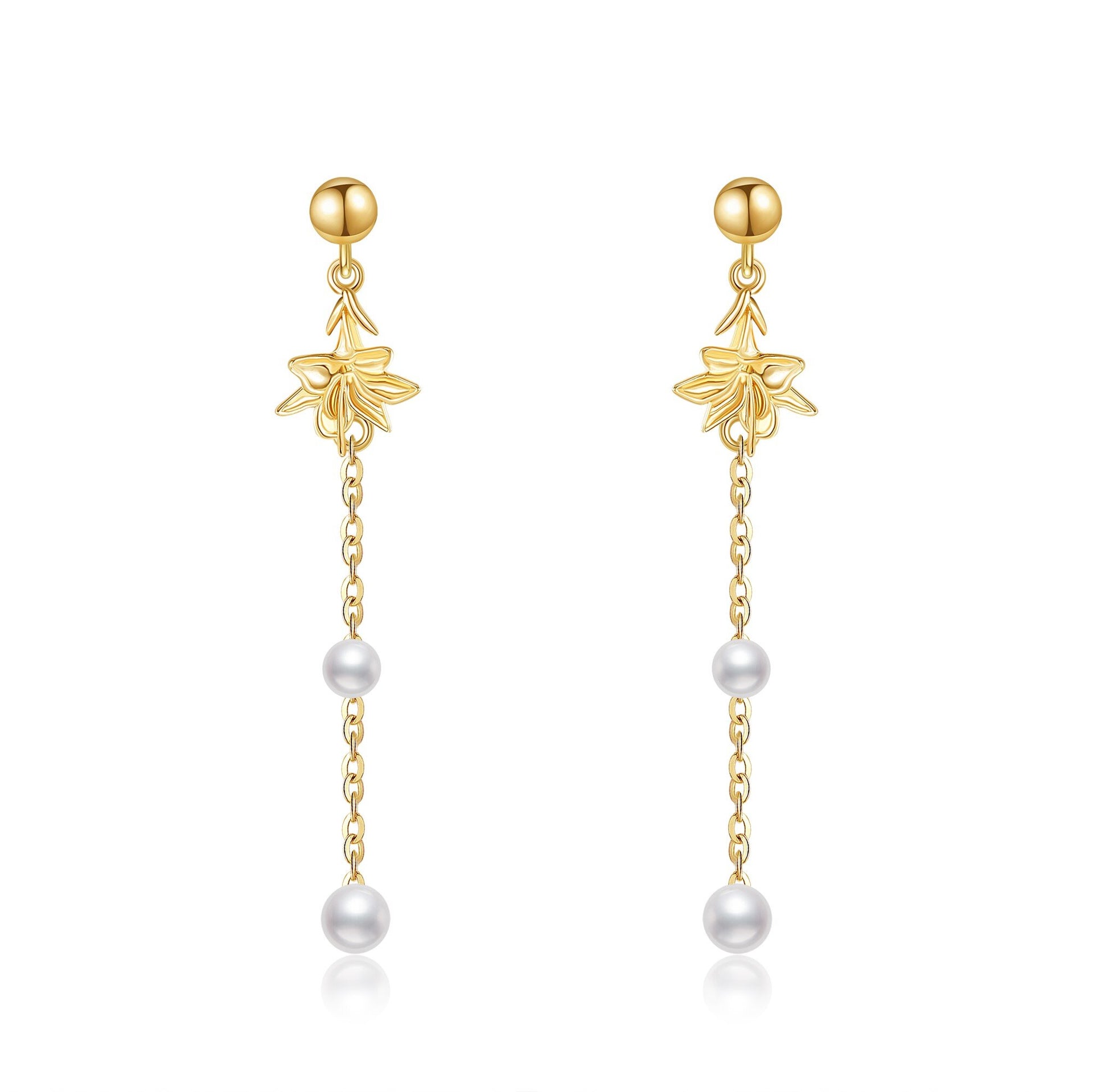 14K Gold Pearl Lily Drop Earrings