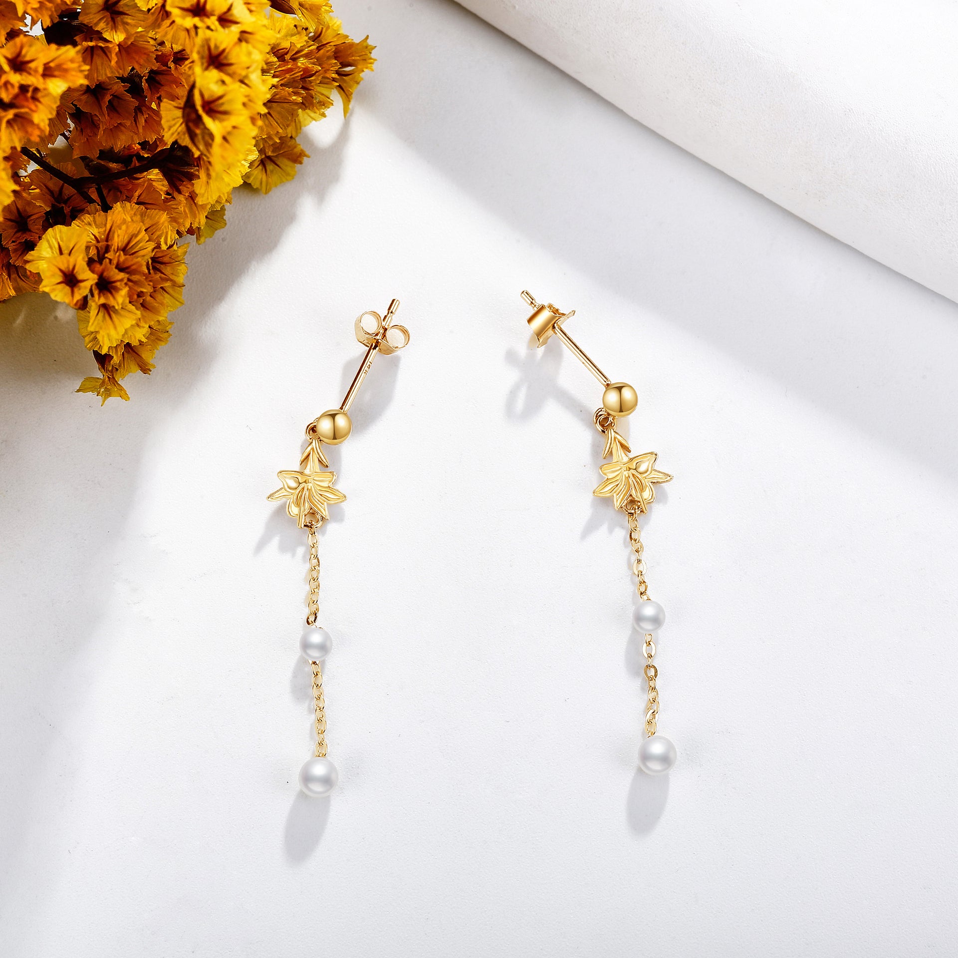 14K Gold Pearl Lily Drop Earrings