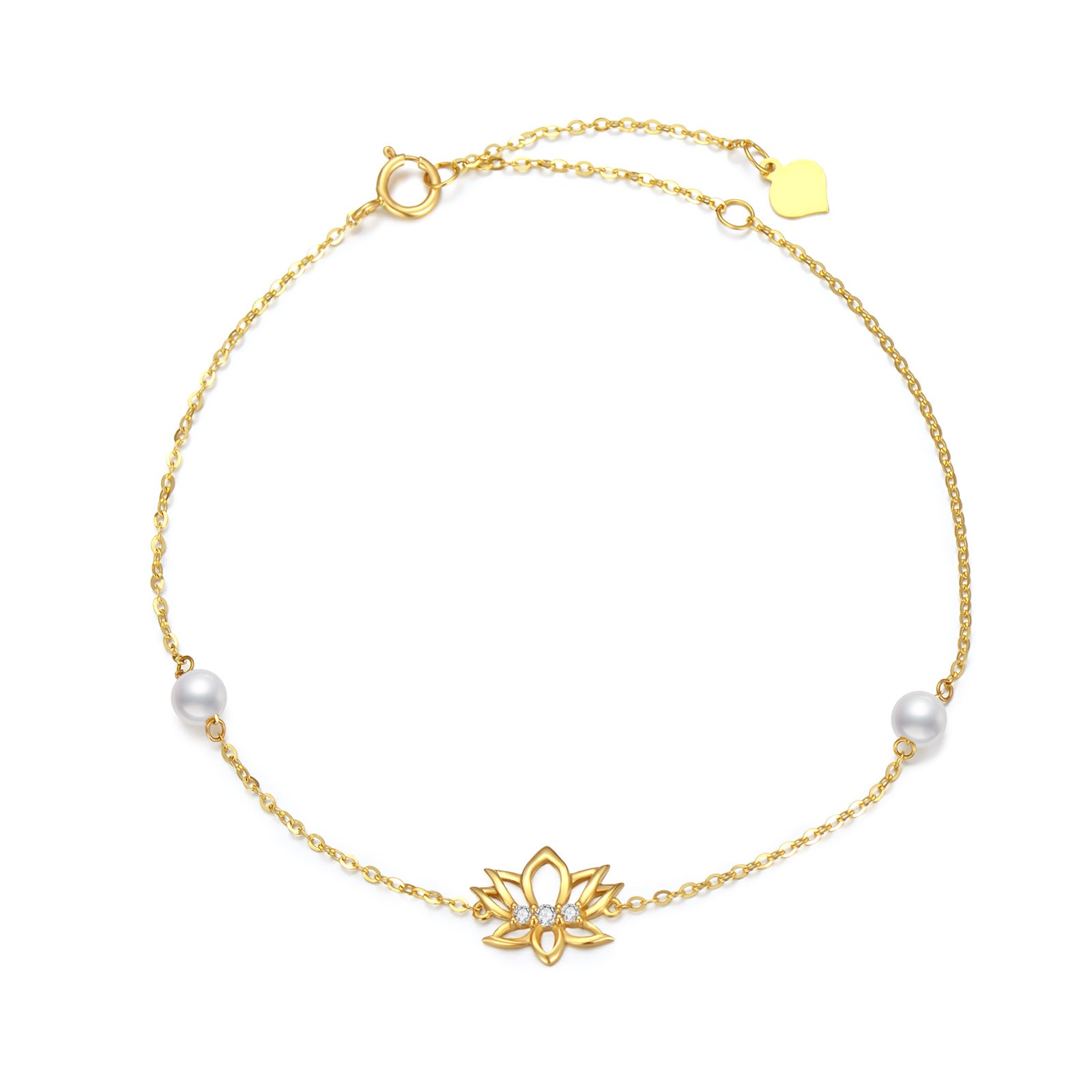 14K Gold Pearl Lotus Charm Bracelet