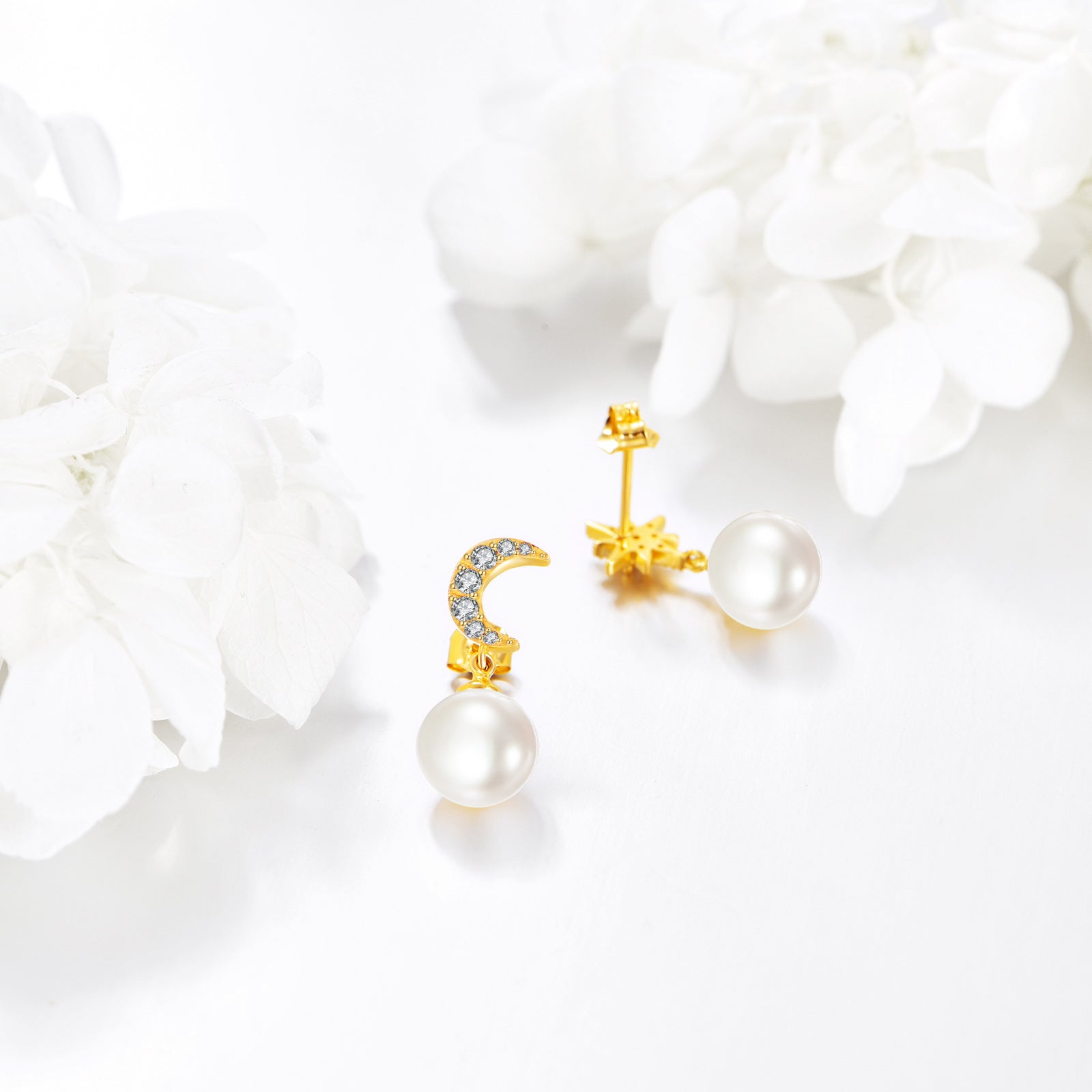 14K Gold Cubic Zirconia & Pearl Moon & Star Drop Earrings